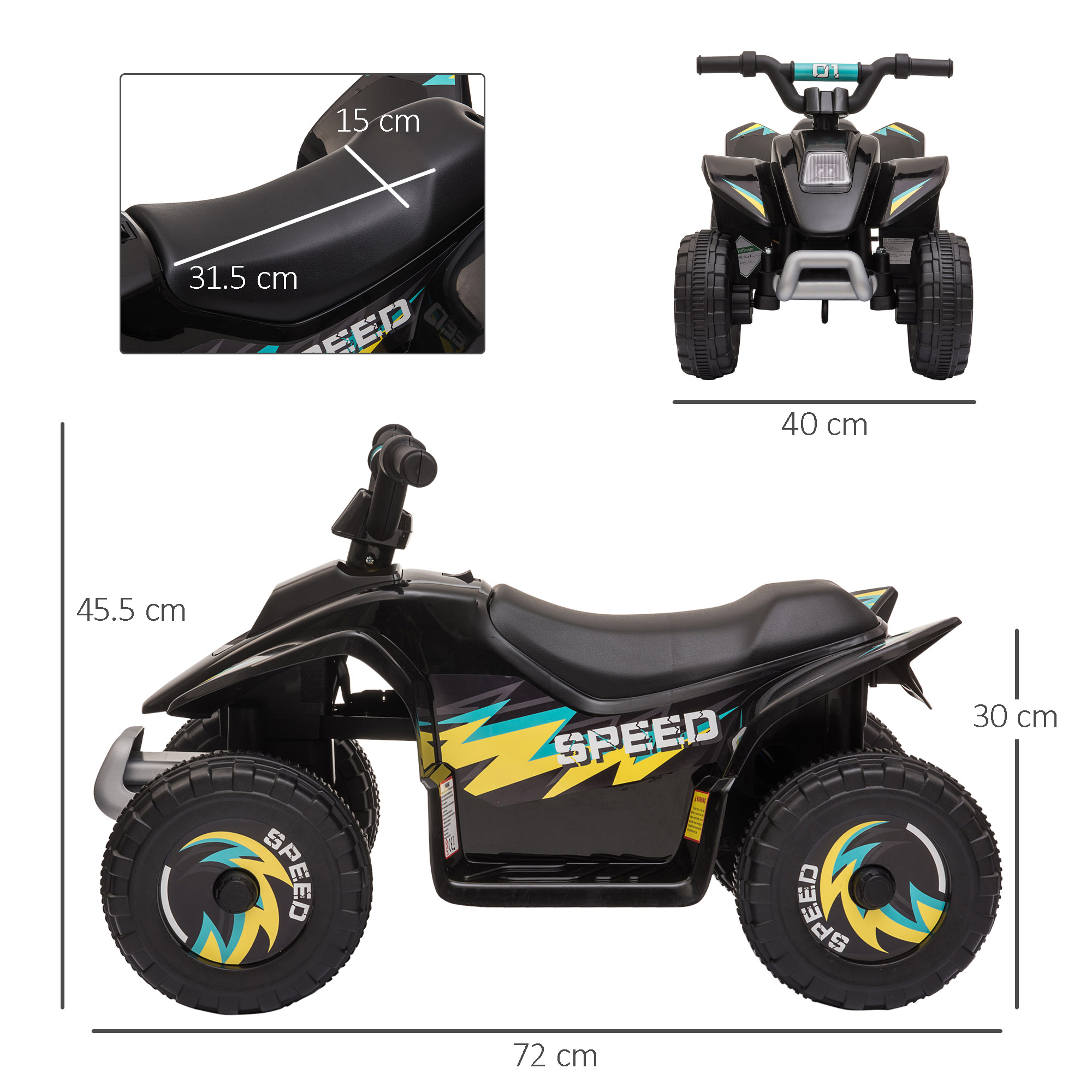 Primo piano della parte anteriore di un ATV giocattolo bianco e nero con dimensioni. Mostra le ruote e i dettagli anteriori.