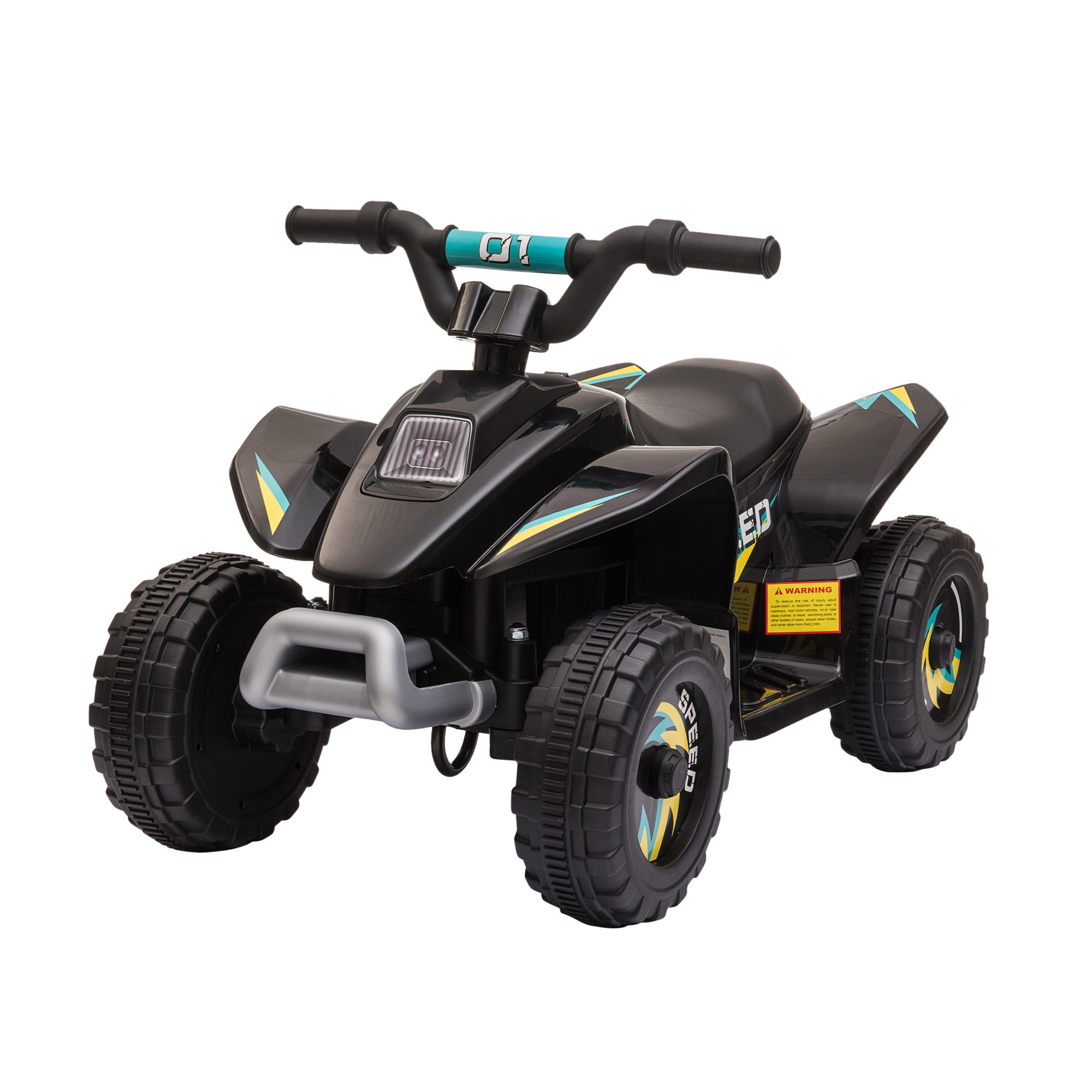 Giocattolo ATV nero con accenti gialli e blu. Le ruote hanno dettagli gialli e blu. Sfondo bianco.