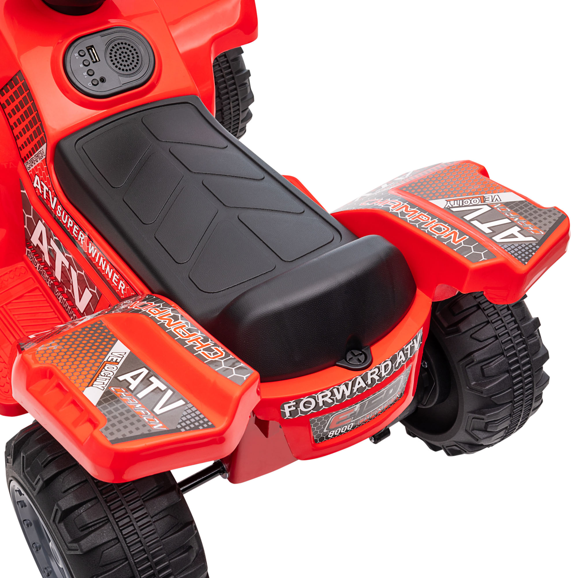 Retro di un ATV giocattolo rosso, con sedile e dettagli testuali sulla carrozzeria.