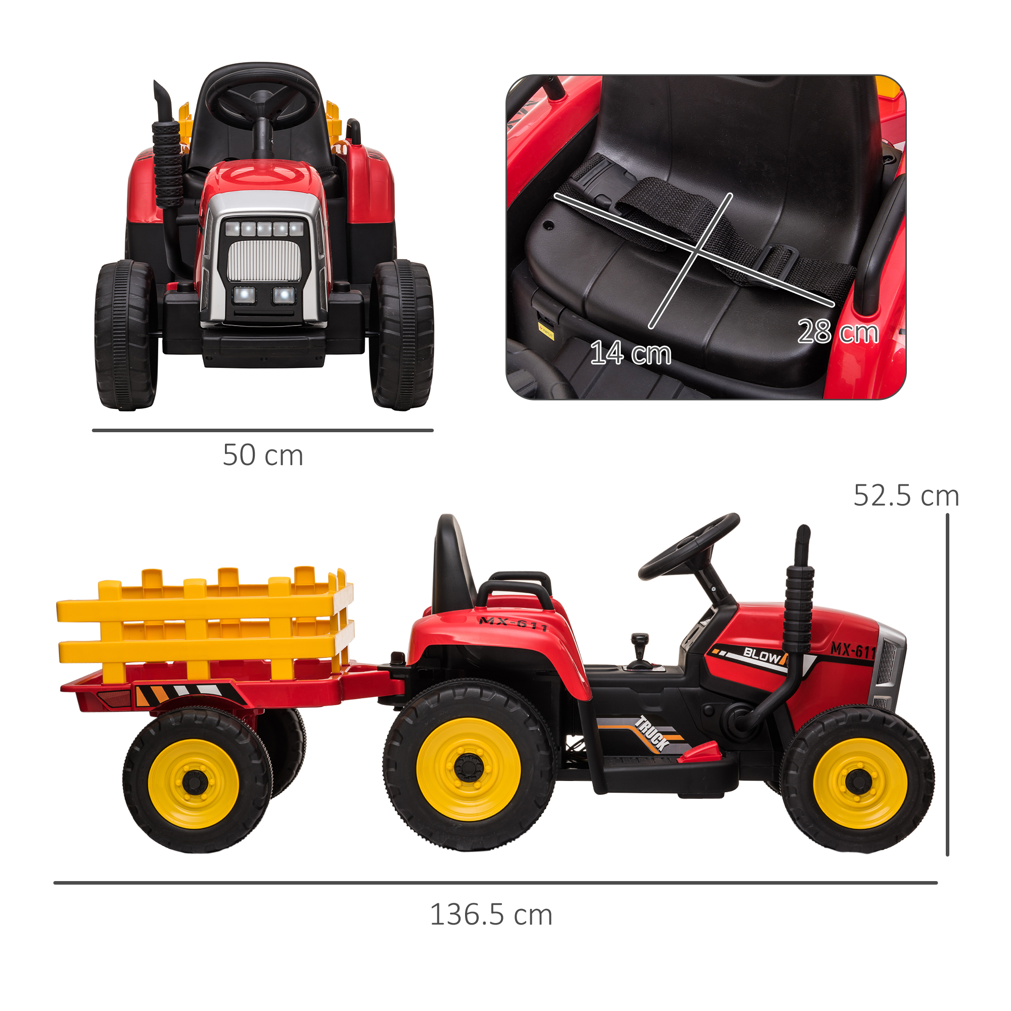 Un trattore rosso con un rimorchio giallo. Le dimensioni sono visualizzate. Trattore e rimorchio su bianco.