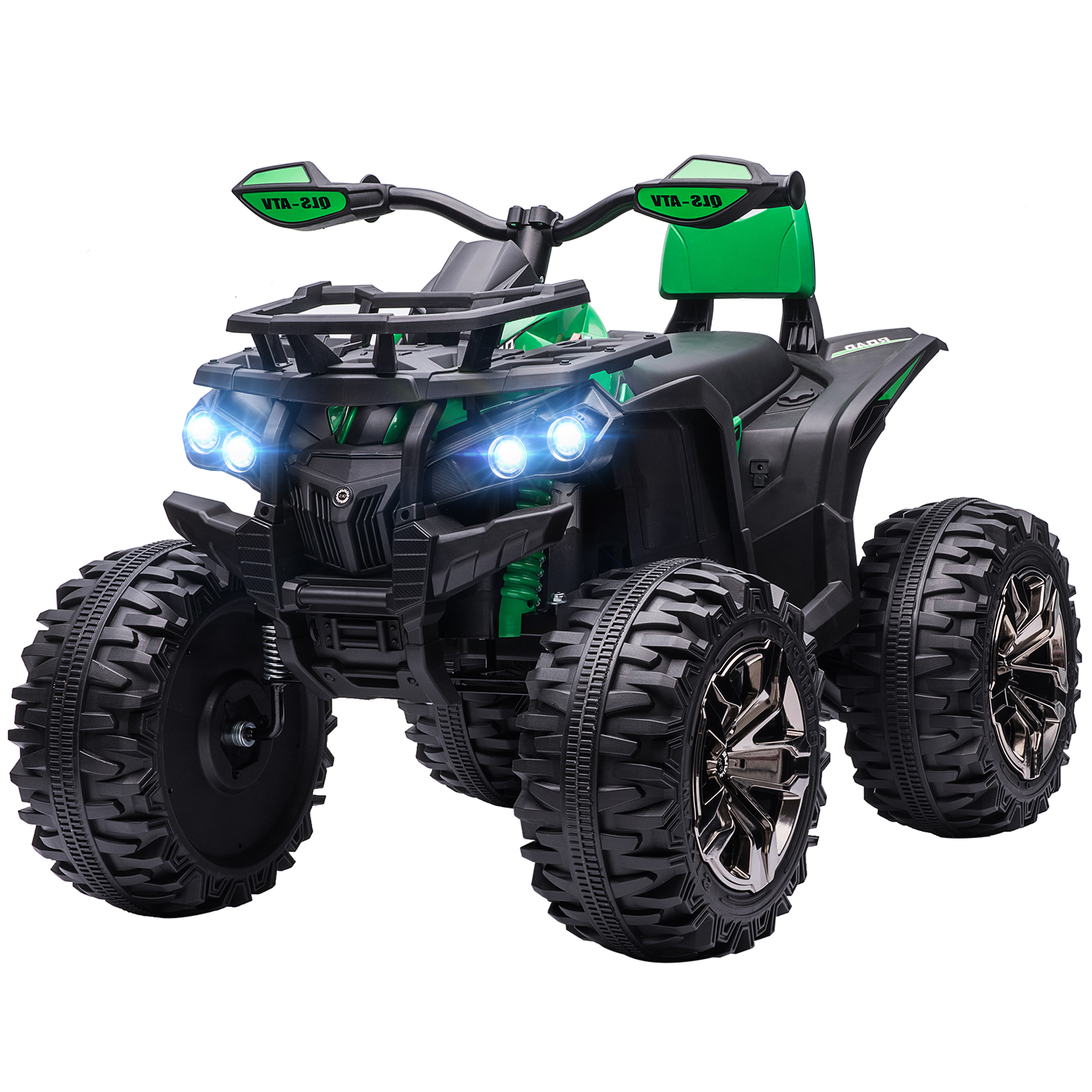 ATV giocattolo verde e nero con luci LED. Presenta pneumatici grandi, manubrio e un design sportivo.