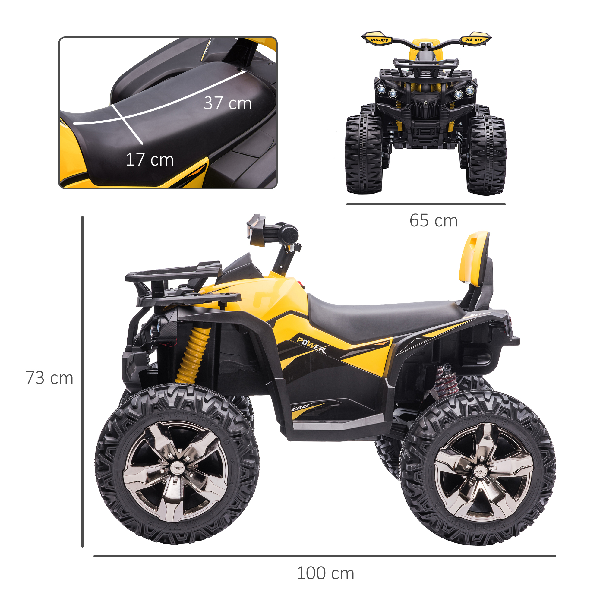 ATV giallo con sedile e pneumatici neri. Ha dimensioni: 100 cm di lunghezza, 73 cm di altezza e 65 cm di larghezza.