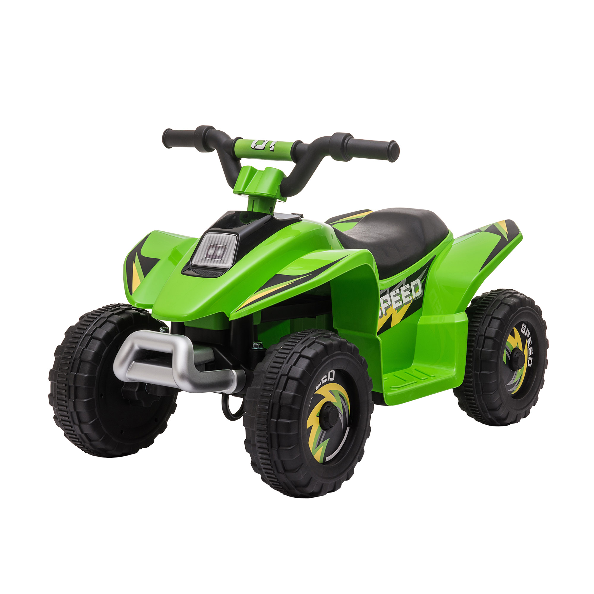 Giocattolo ATV verde con sedile nero e dettagli gialli. SPEED è scritto sul lato. Pneumatici neri.