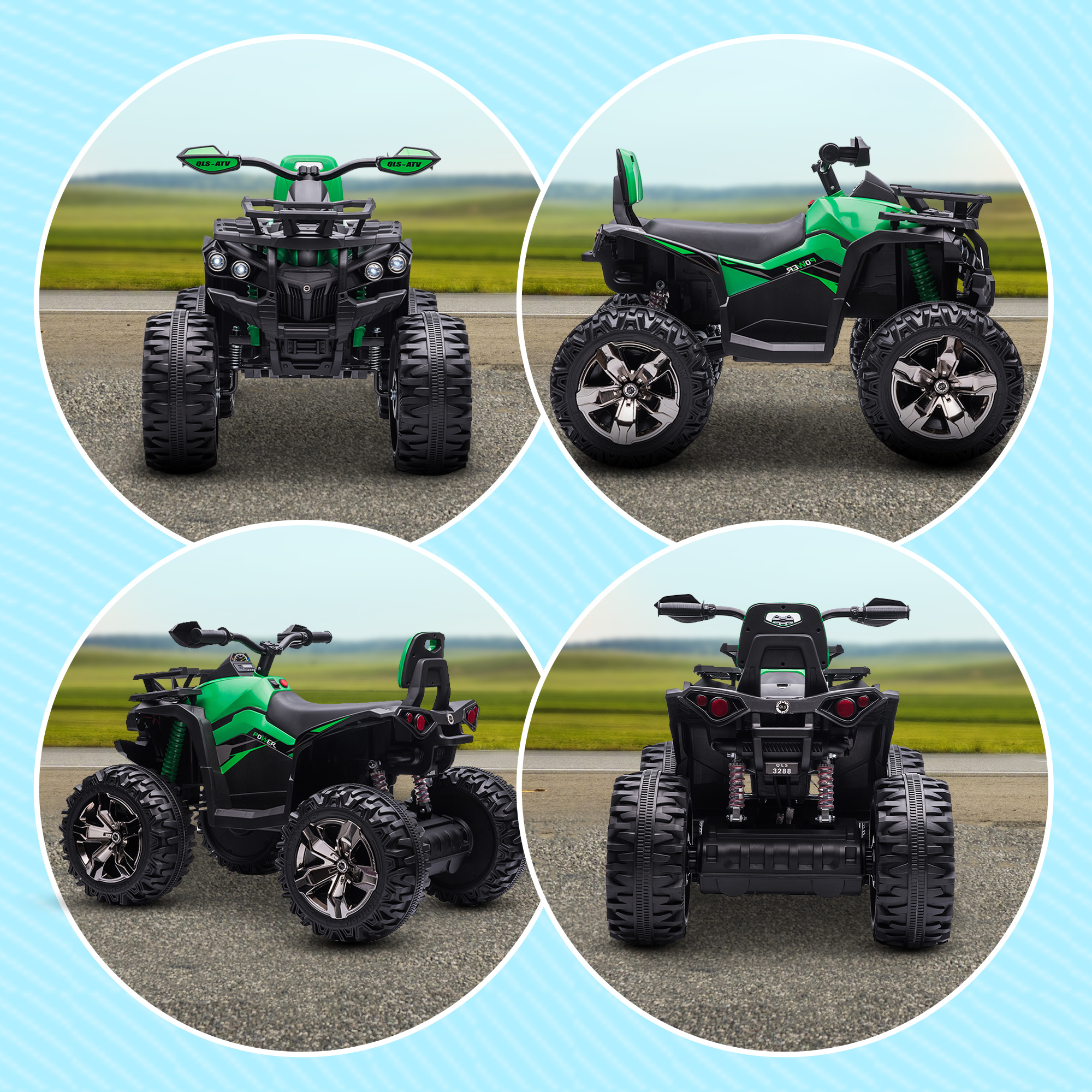 Quattro immagini di un ATV giocattolo verde e nero da diverse angolazioni.