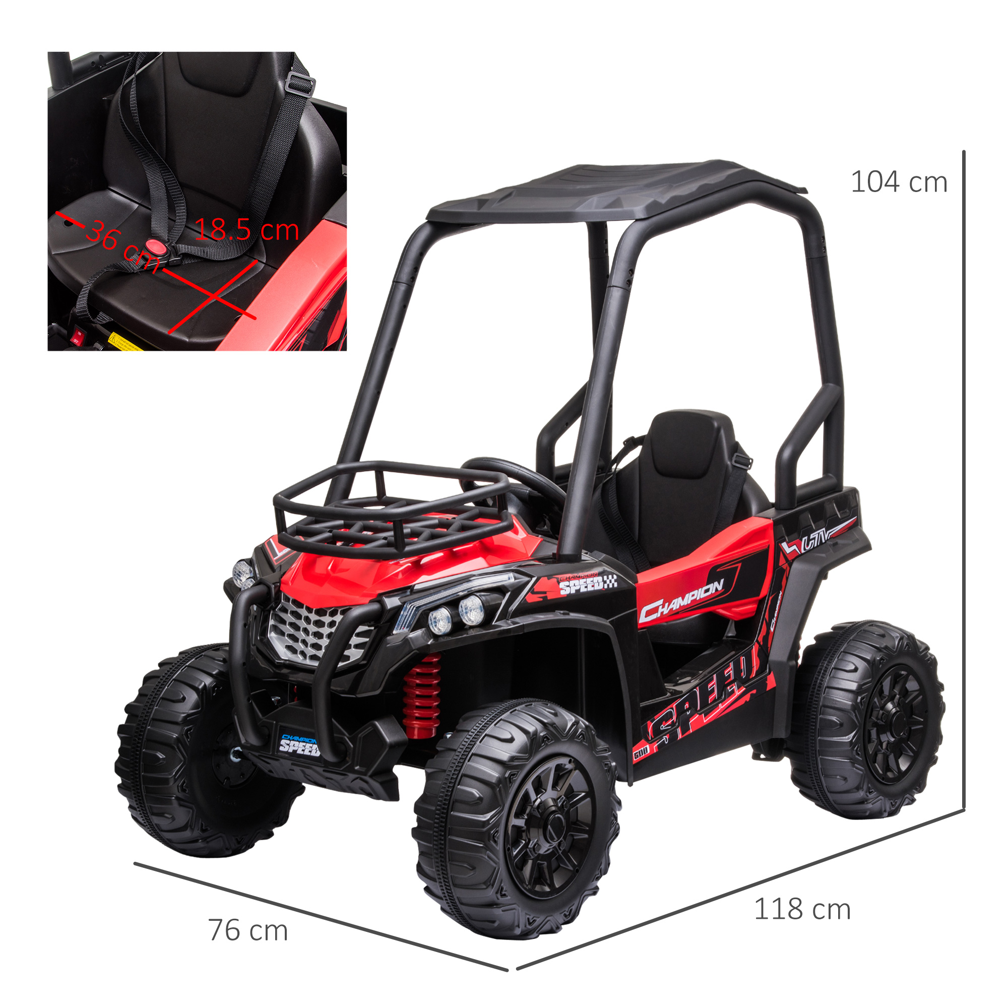 Buggy giocattolo rosso con tetto nero, sedile e dimensioni. Con roll-bar.