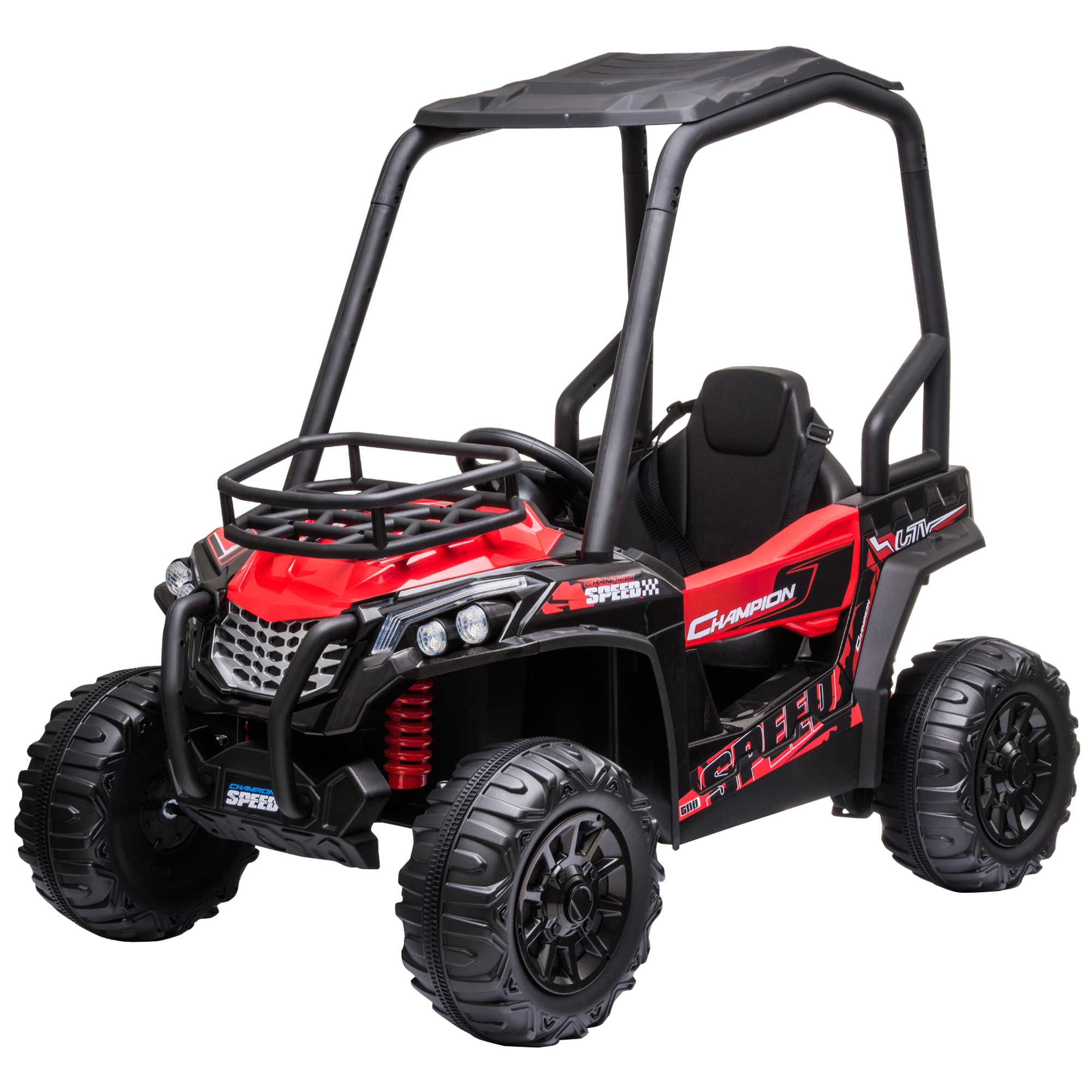 Buggy giocattolo rosso e nero con roll-bar. Fari e design sportivo.