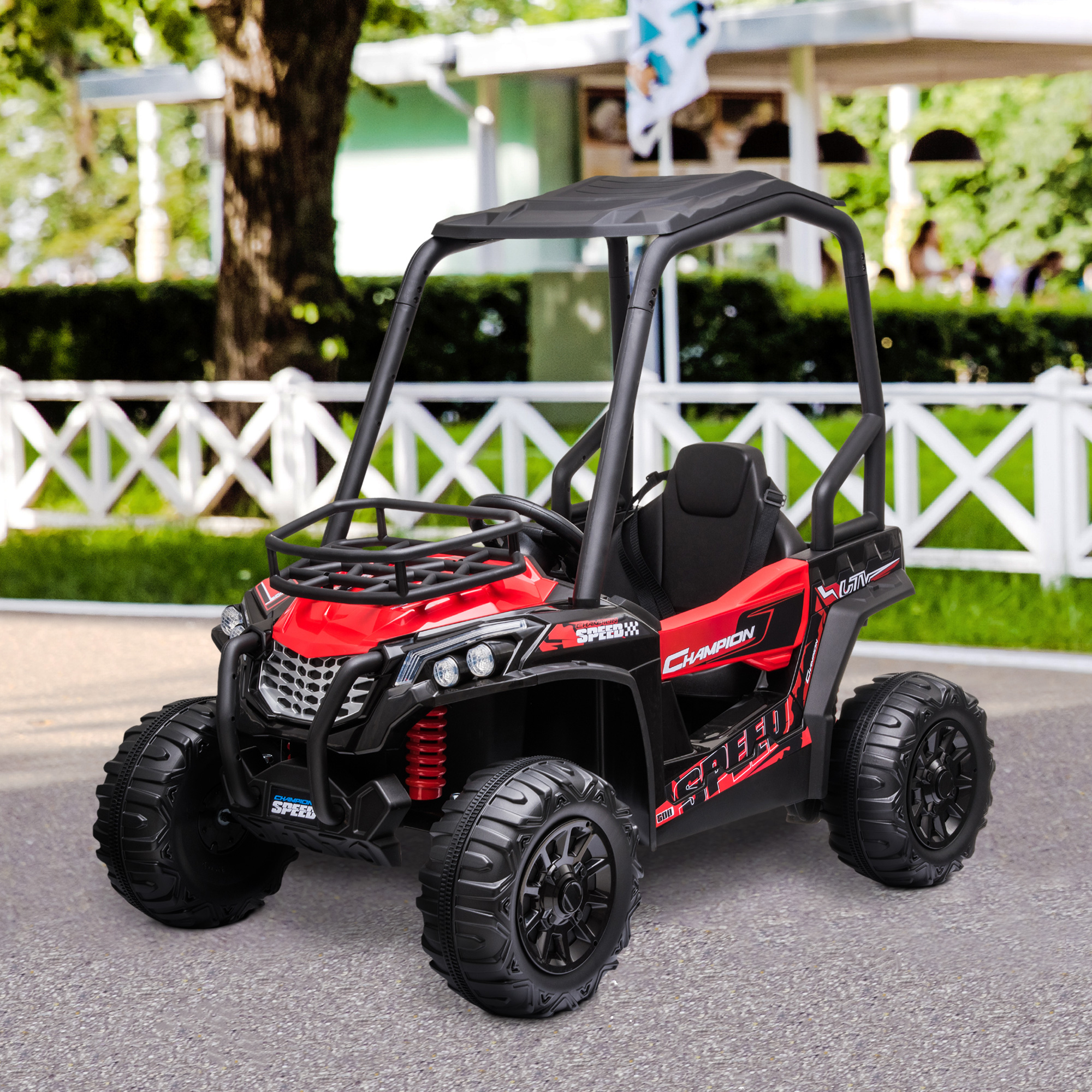 ATV giocattolo rosso e nero. Ruote nere e telaio rosso. Sedile e tetto neri. Adesivo 'SPEED'.