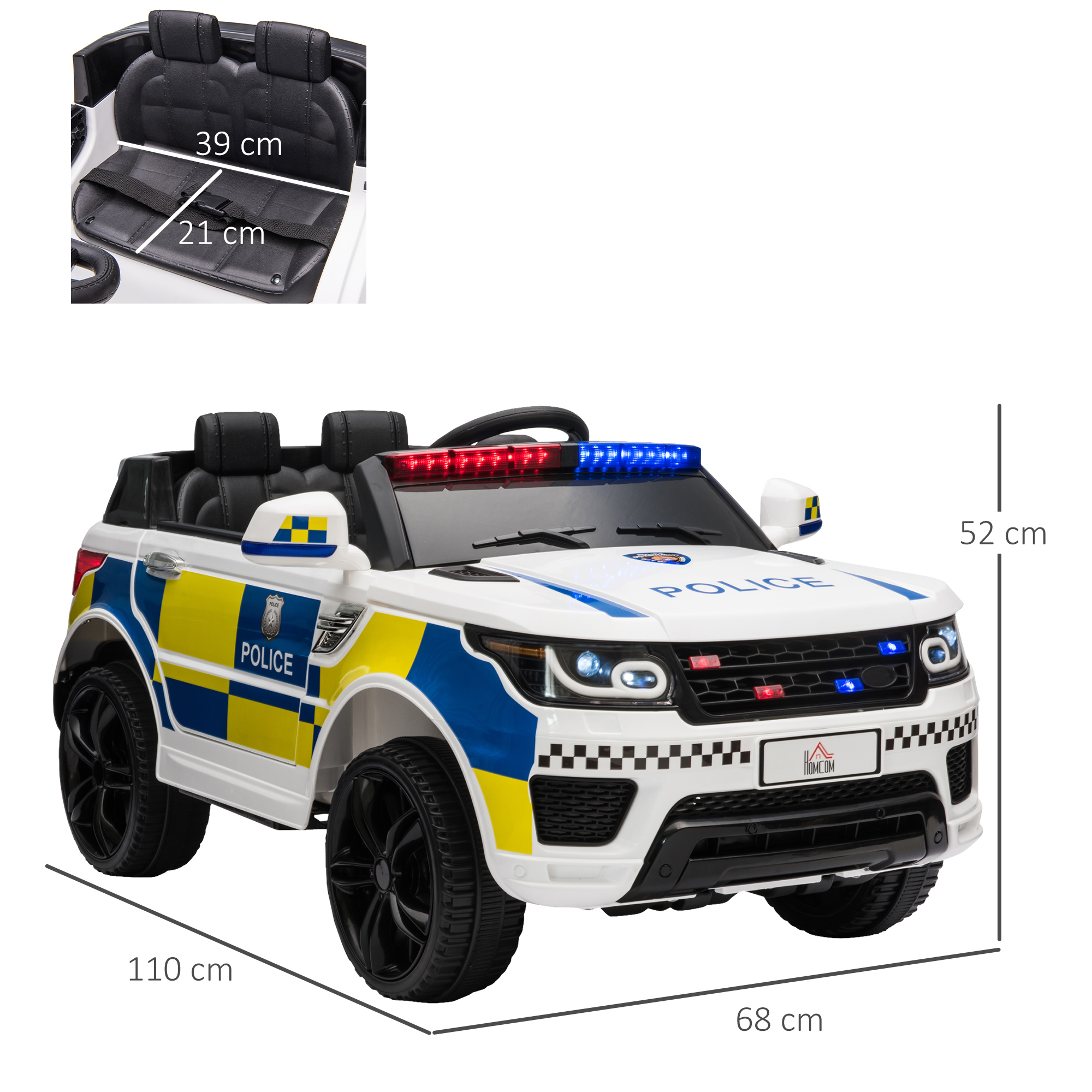 Un SUV della polizia giocattolo bianco con dimensioni. Ruote nere, luci blu e rosse. Sfondo bianco.
