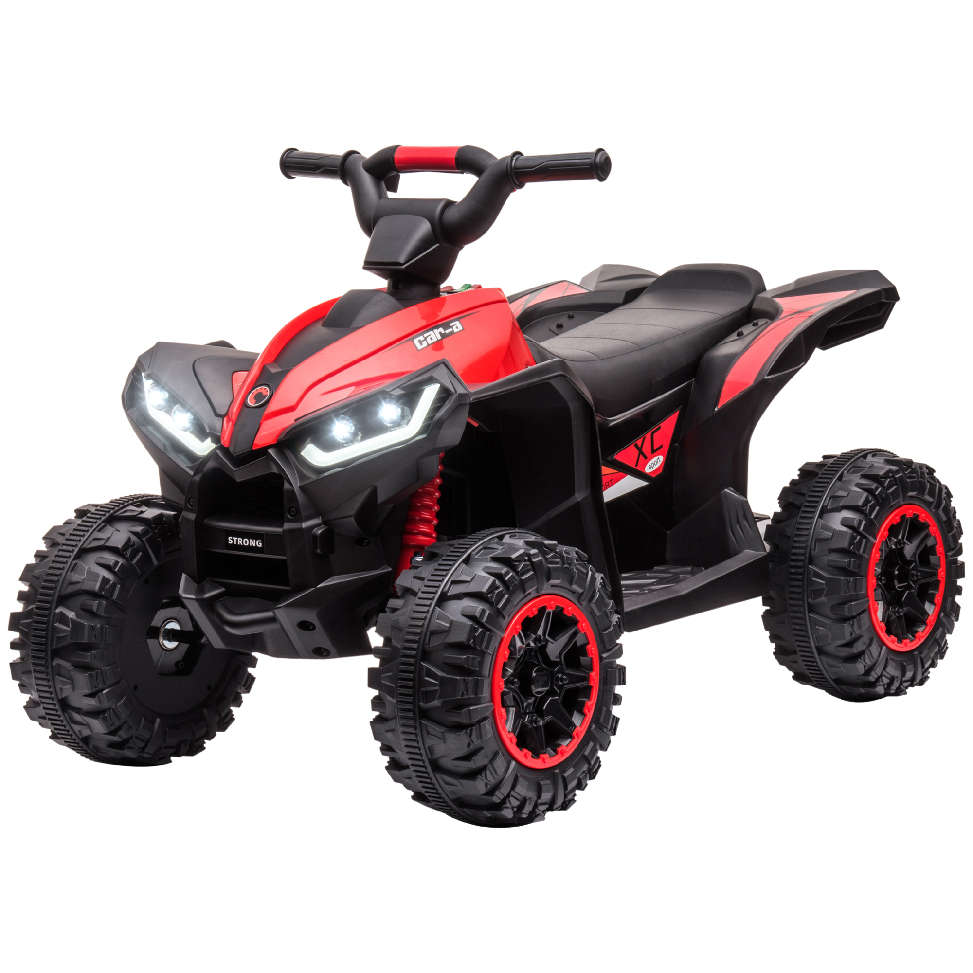ATV rosso con dettagli e pneumatici neri. Ha fari e Car-a XL scritto sul lato. Sfondo bianco.