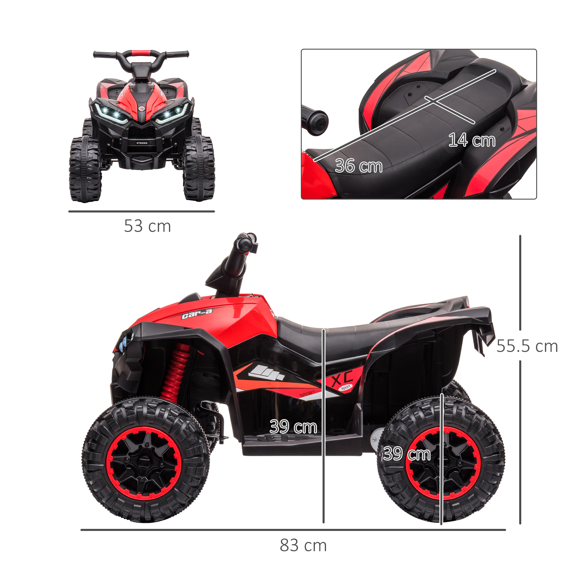 Un quad giocattolo rosso con dimensioni è esposto. Il quad ha ruote nere e si trova su sfondo bianco.