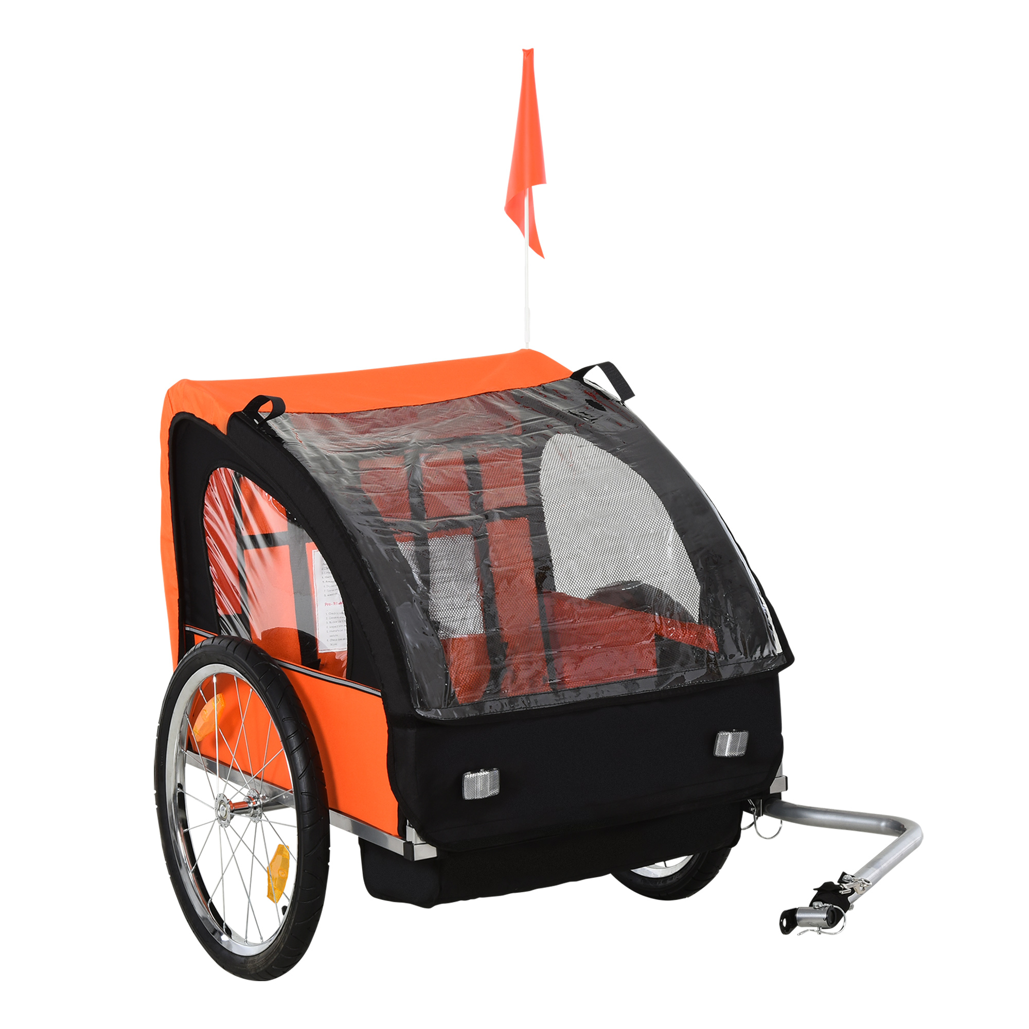 Rimorchio per bici per bambini arancione e nero con bandiera. Ha due ruote e una copertura trasparente.