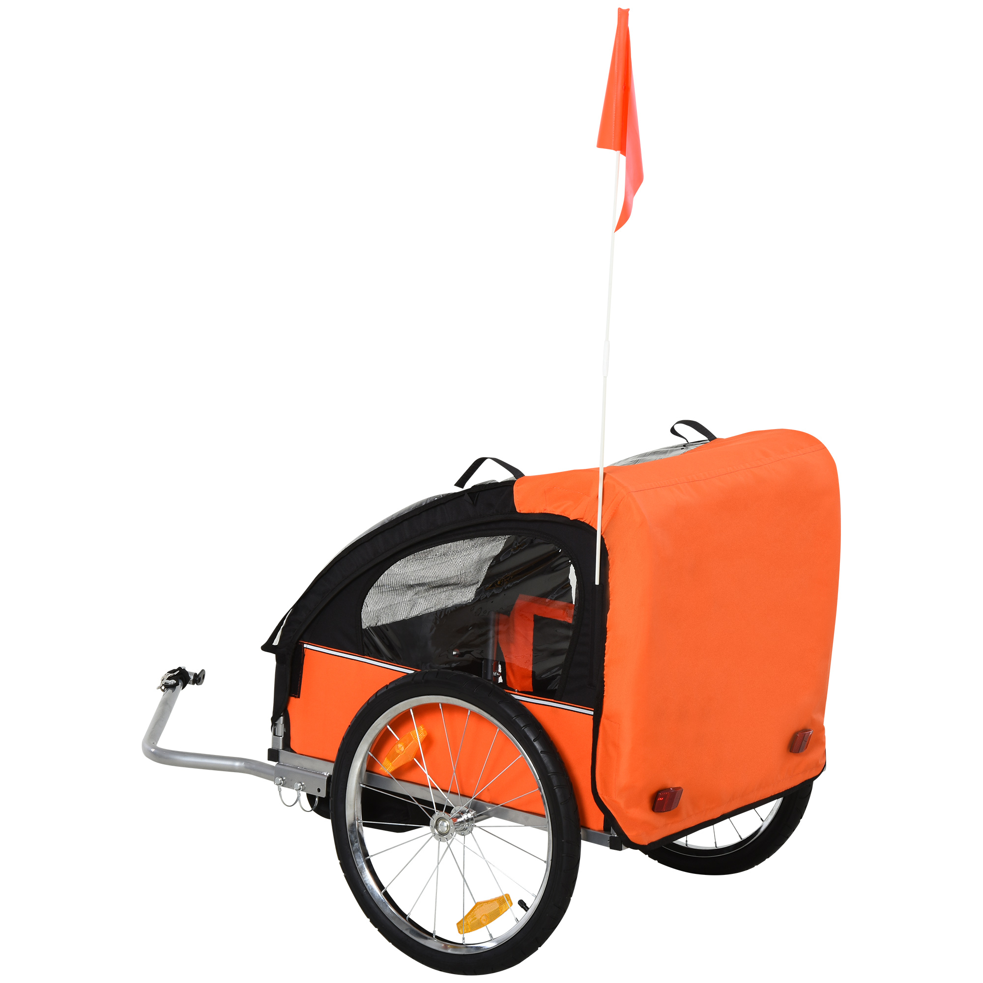 Un rimorchio per biciclette per bambini arancione e nero con una bandiera rossa. Ha una finestra a rete nera e sfondo bianco.