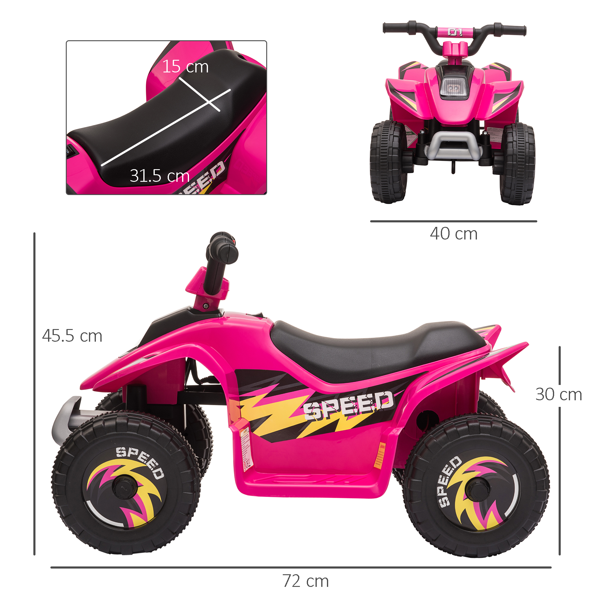 ATV giocattolo rosa con dimensioni segnate. Sono mostrate le viste laterale, frontale e superiore.