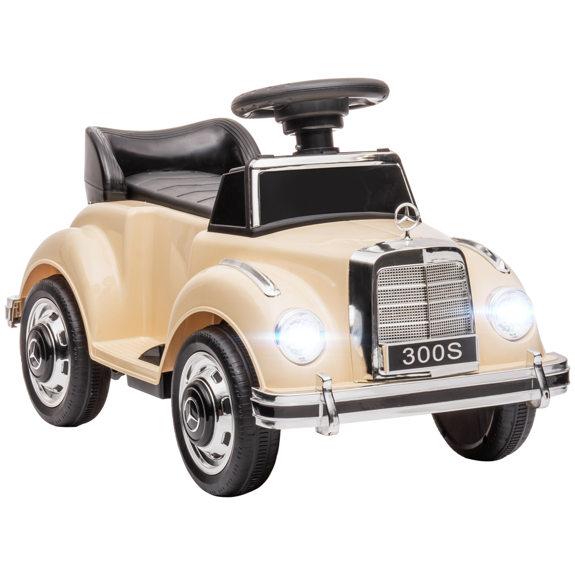 Auto giocattolo beige con dettagli cromati. Fari, sedile e volante neri, numero 300S.