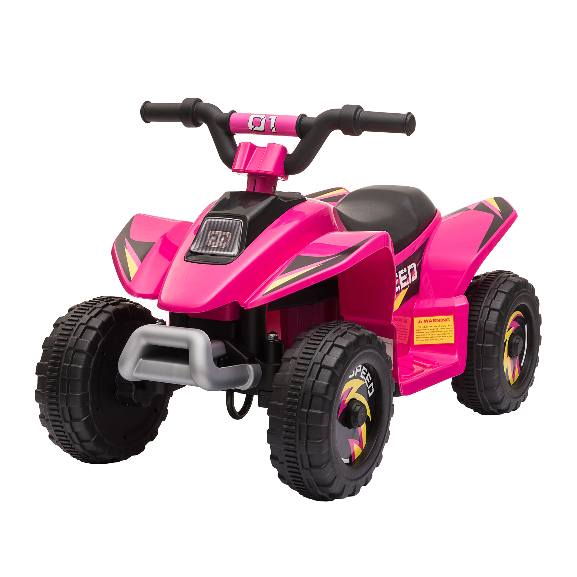 ATV giocattolo rosa. Dettagli neri, manubrio e design sportivo con la parola SPEED.