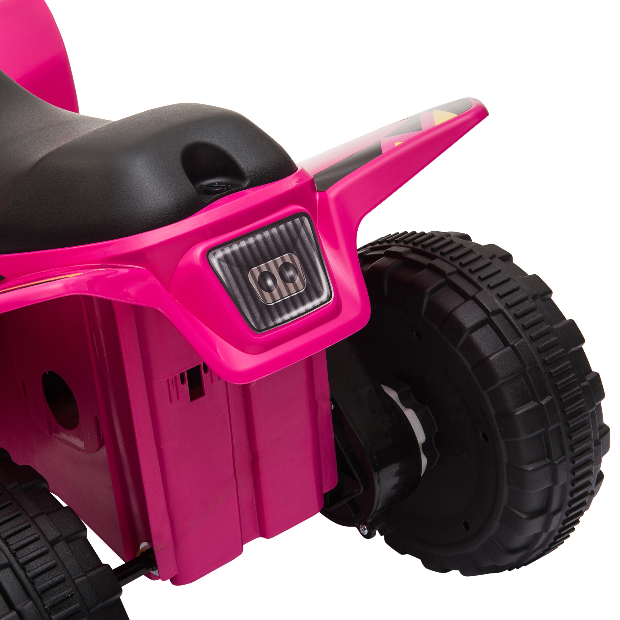 ATV giocattolo rosa, vista posteriore, pneumatici neri, sedile e luce.
