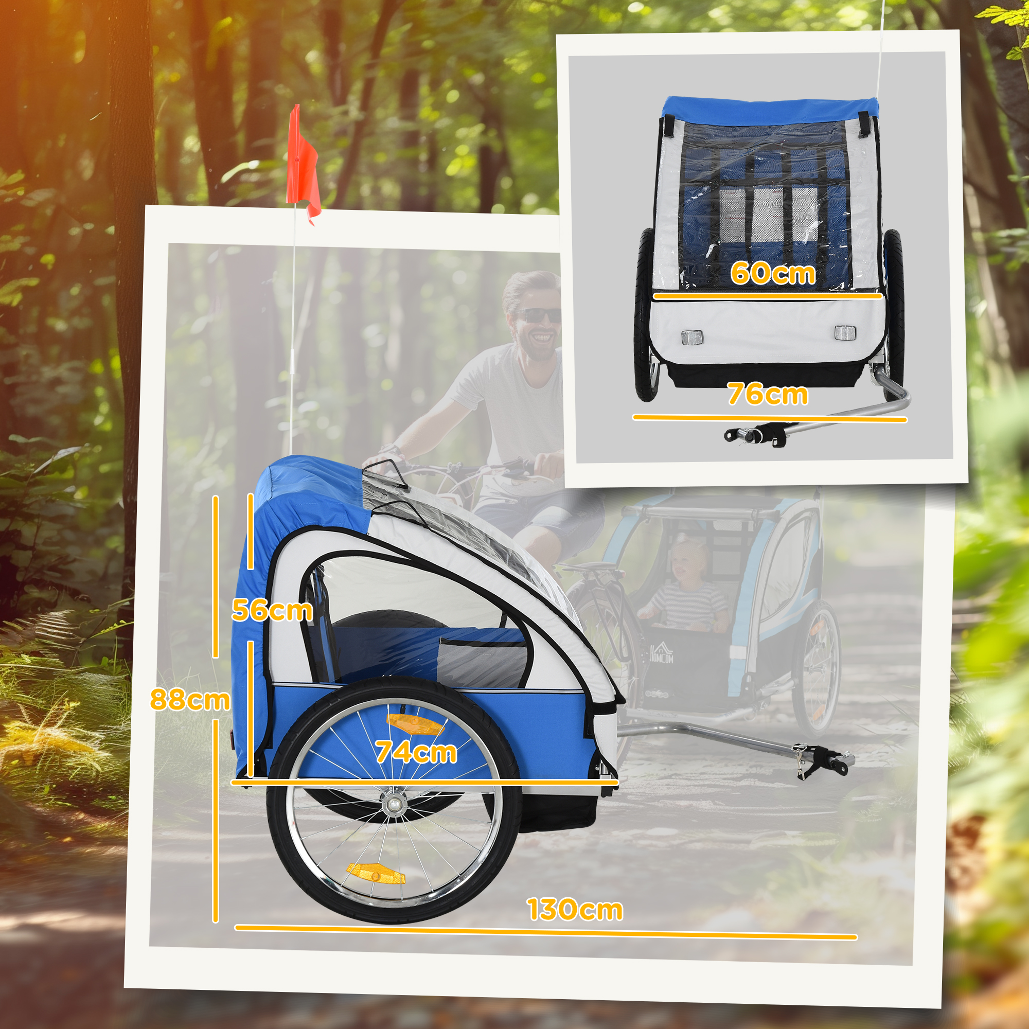Rimorchio per bici per bambini blu e bianco con bandiera, le dimensioni sono mostrate in un ambiente forestale.