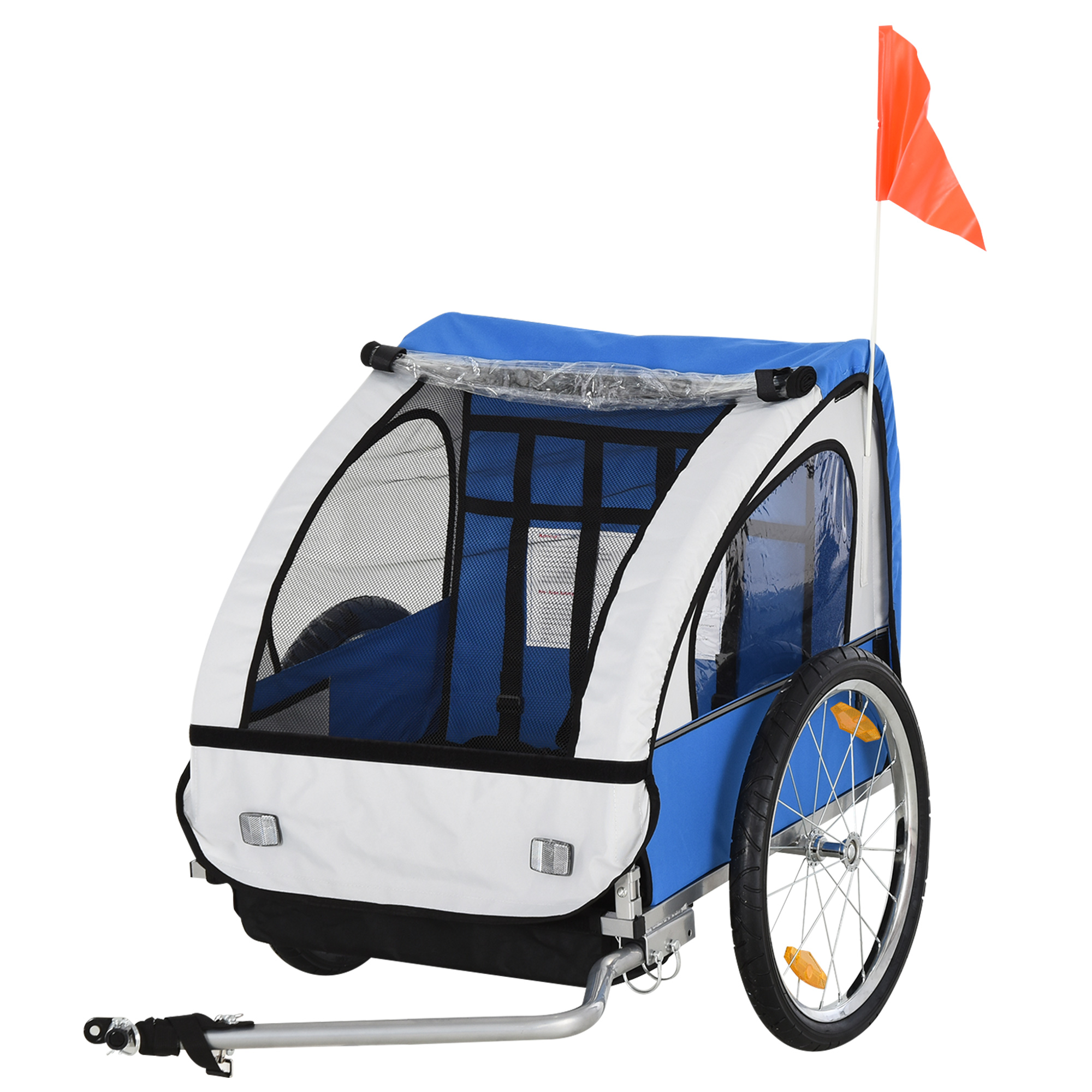 Un rimorchio blu e bianco per la bici di un bambino. Ha una bandiera di sicurezza e una finestra trasparente.