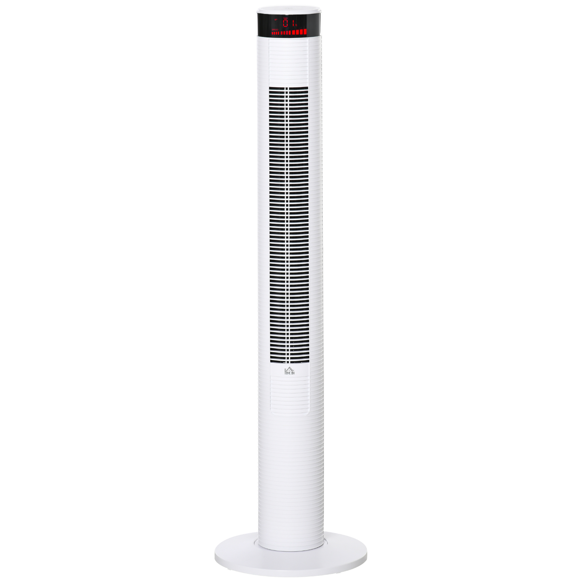 Ventilatore a torre bianco su base bianca, sfondo bianco.