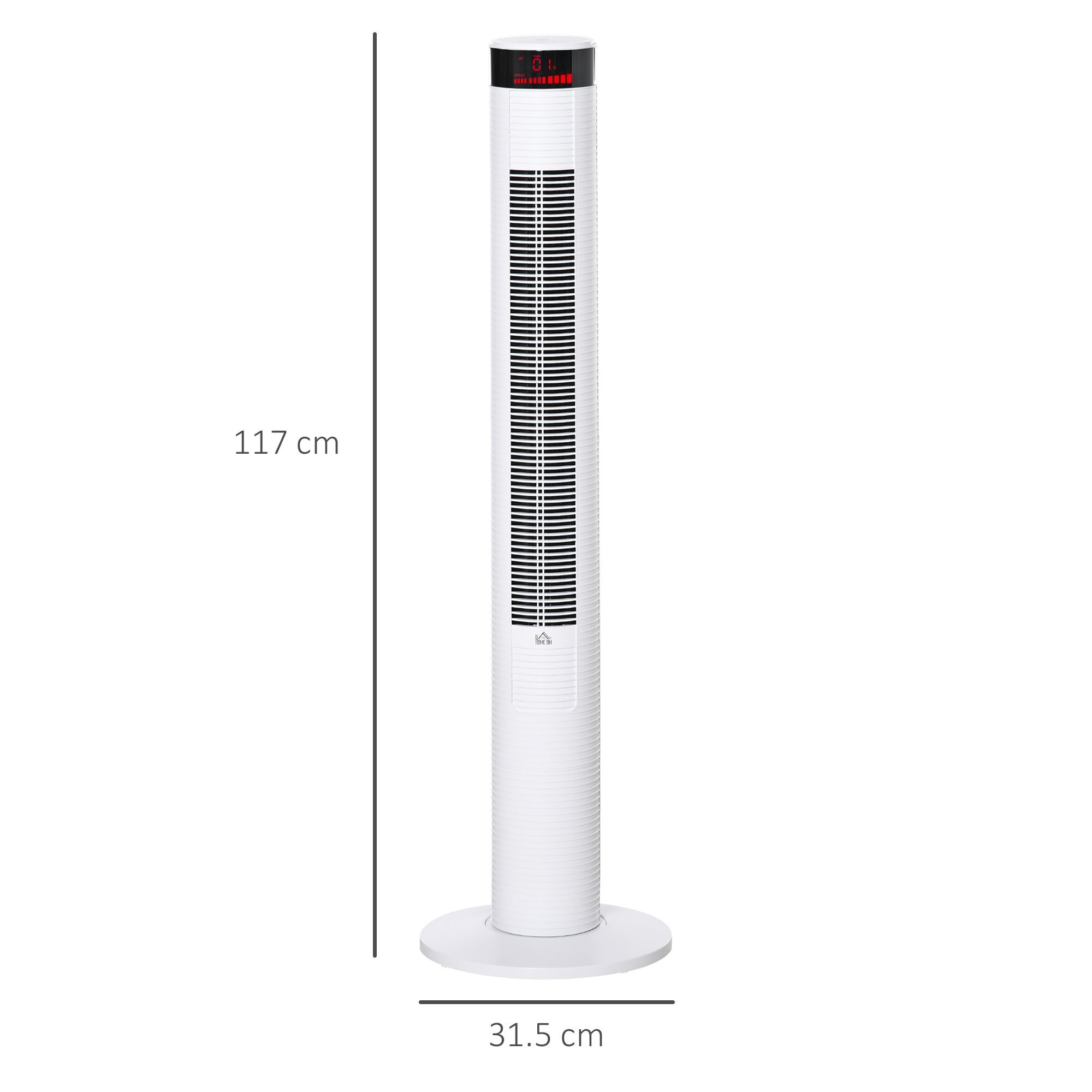 Ventilatore a torre bianco con dimensioni. Base bianca.