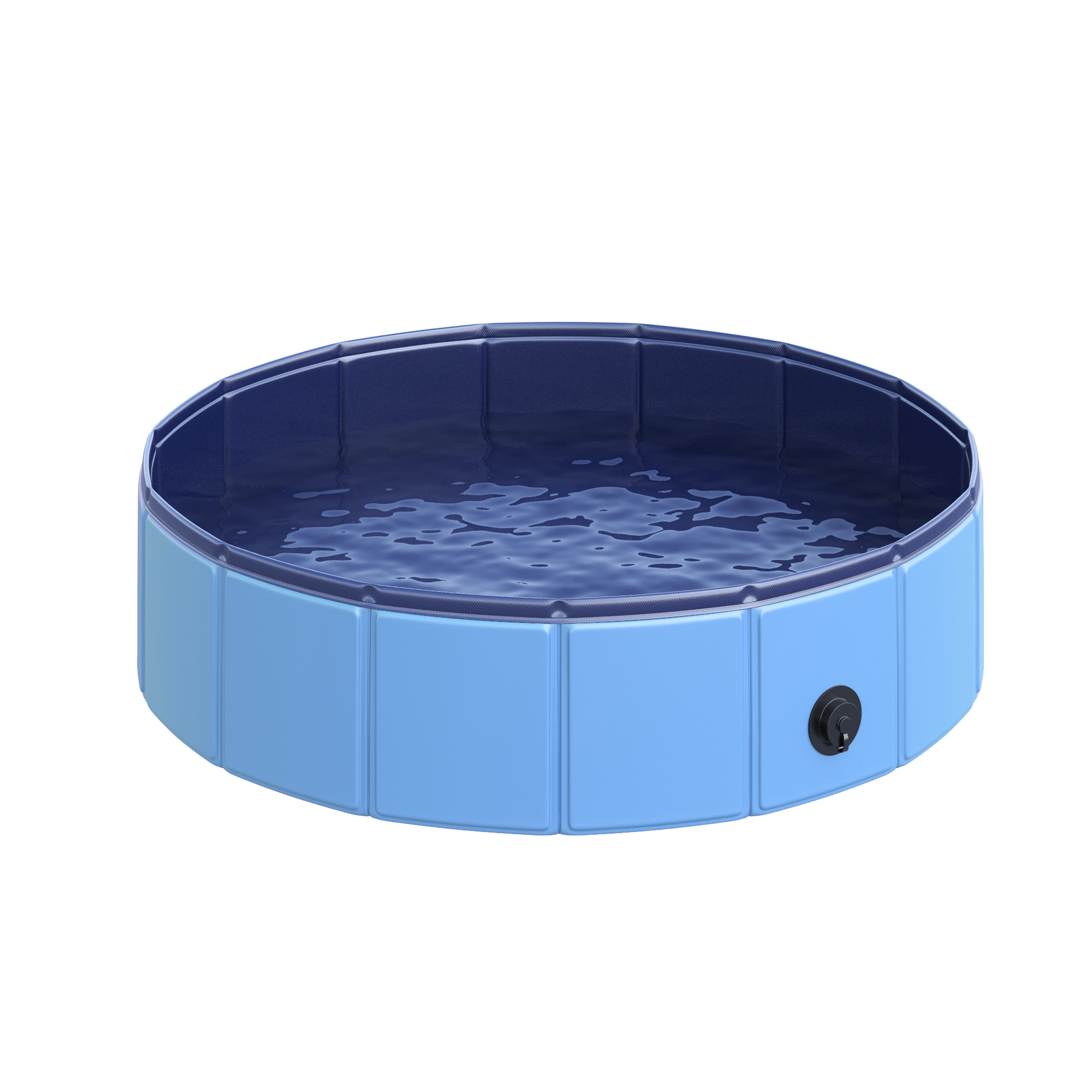 Una piscina blu, rotonda e pieghevole per animali domestici. La piscina è piena d'acqua e su sfondo bianco.