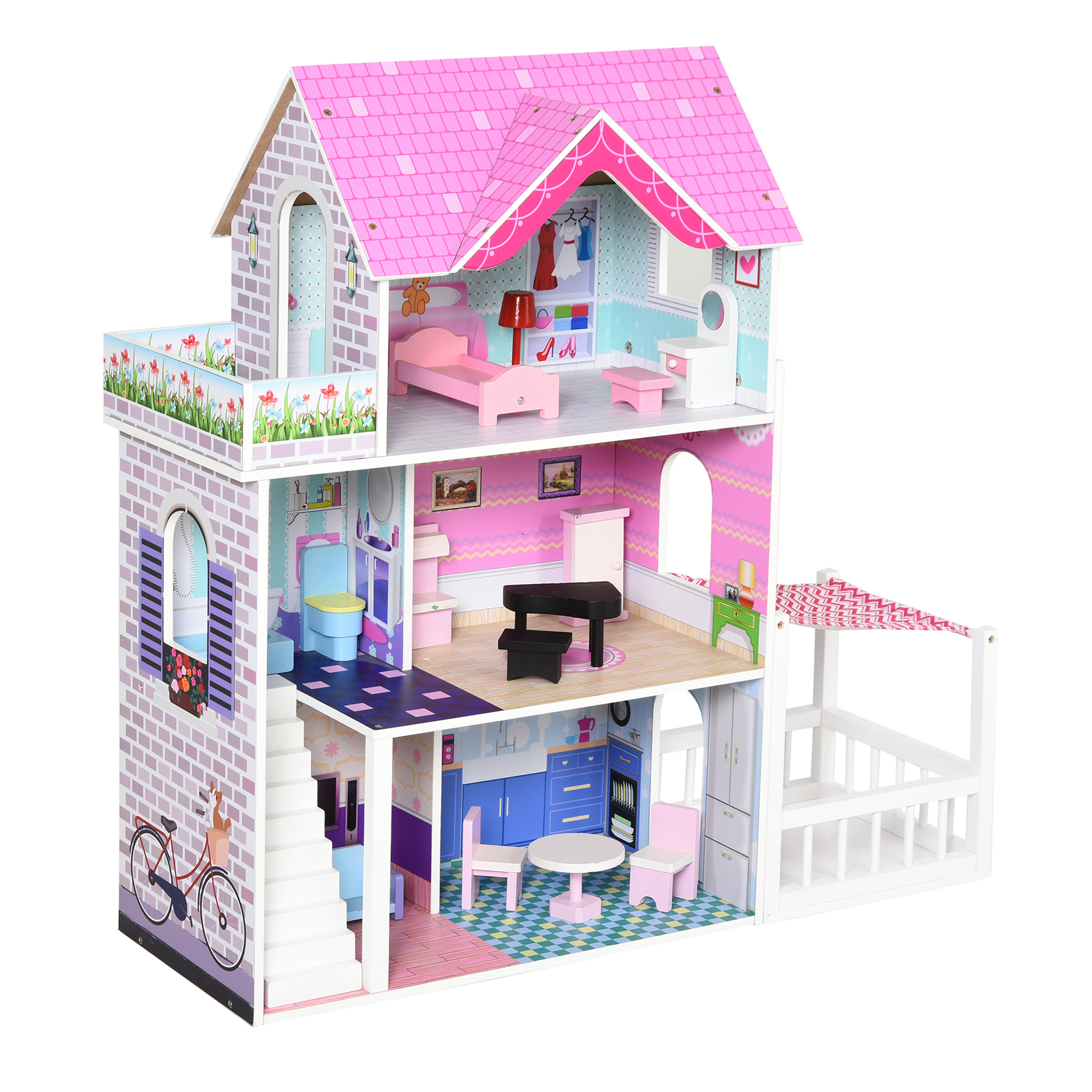 Una casa delle bambole con più piani, tetto rosa e varie stanze con mobili.