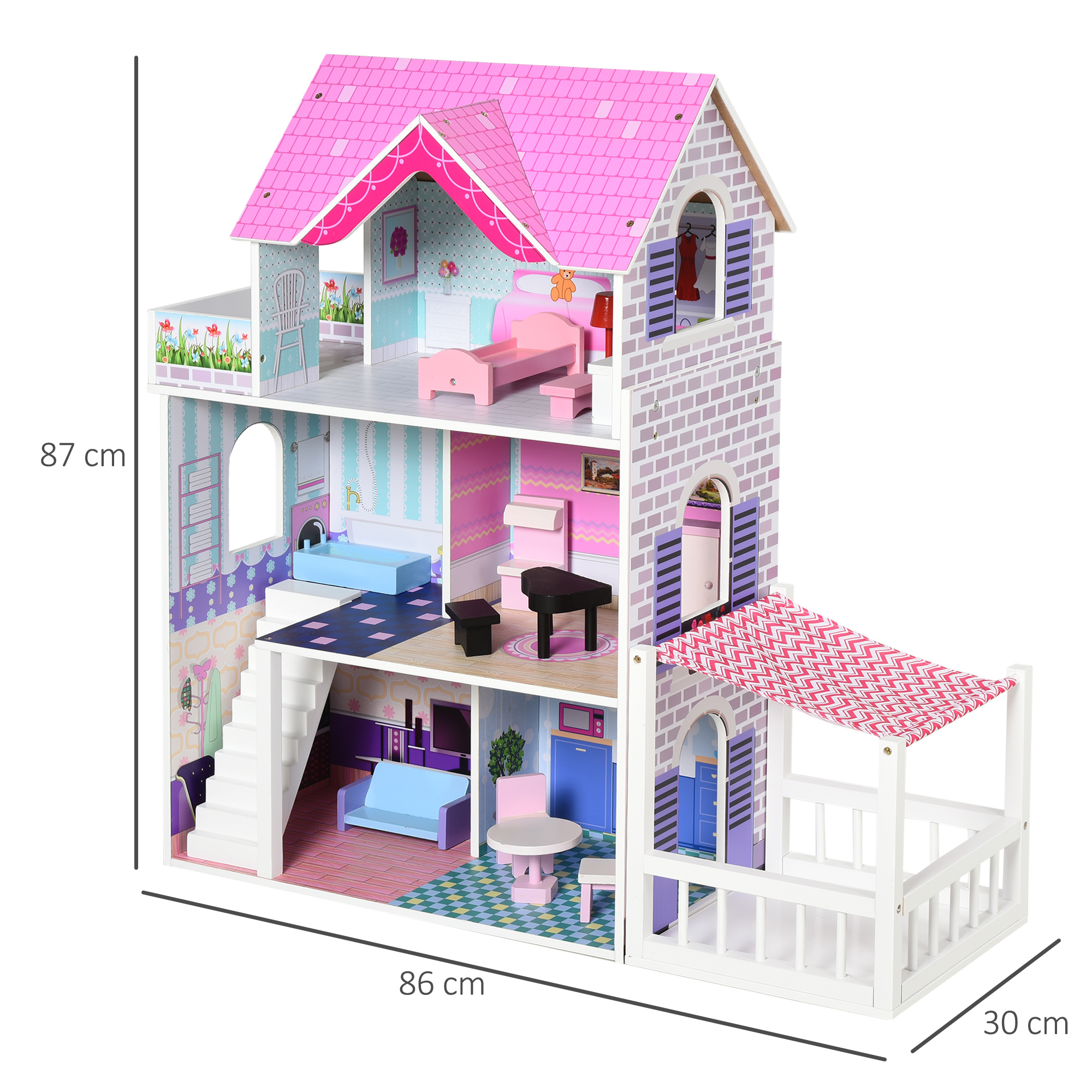 Casa delle bambole in legno con tetto rosa, stanze e balcone.
