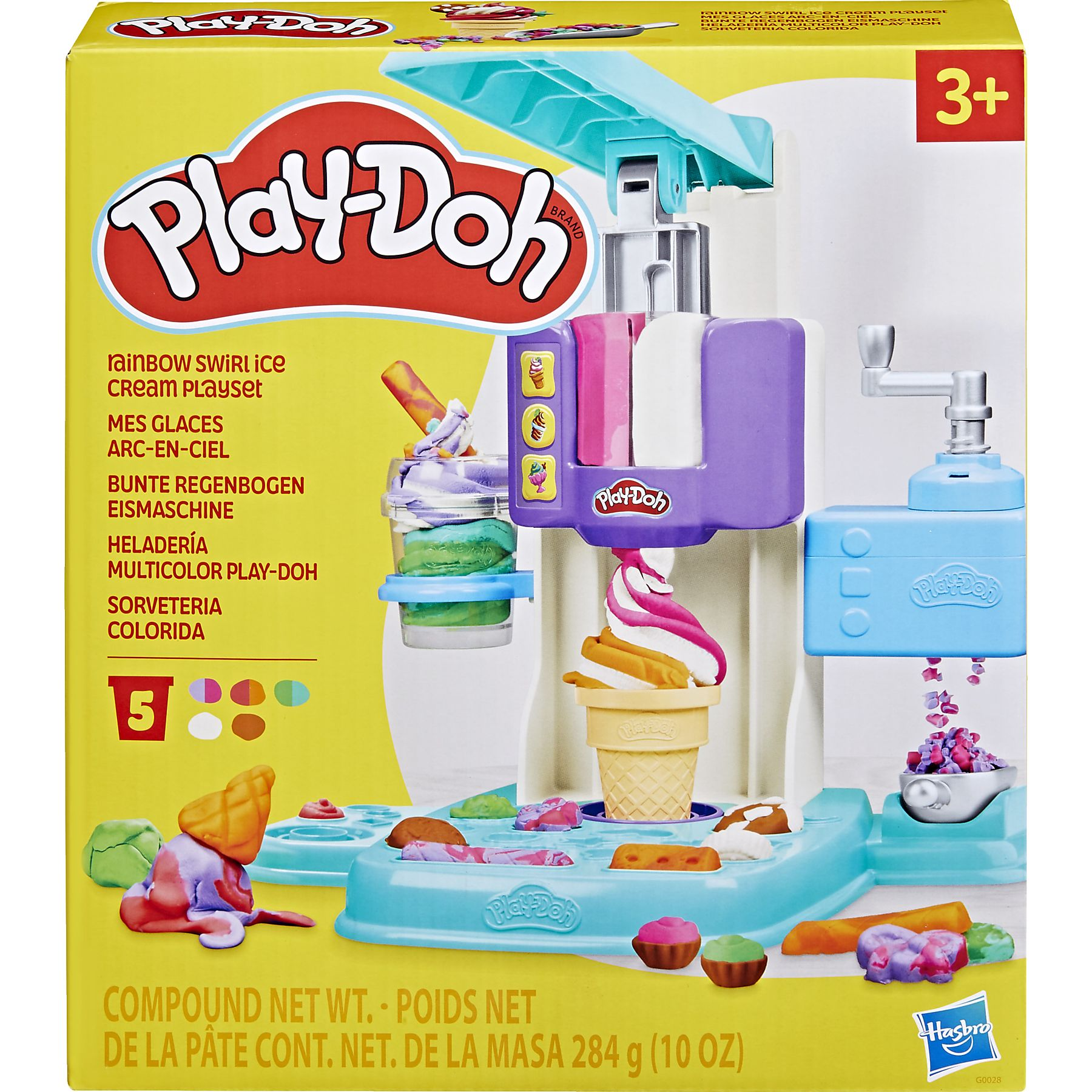 Un set di gelati Play-Doh con vari colori di pasta. La scatola è bianca con immagini colorate.