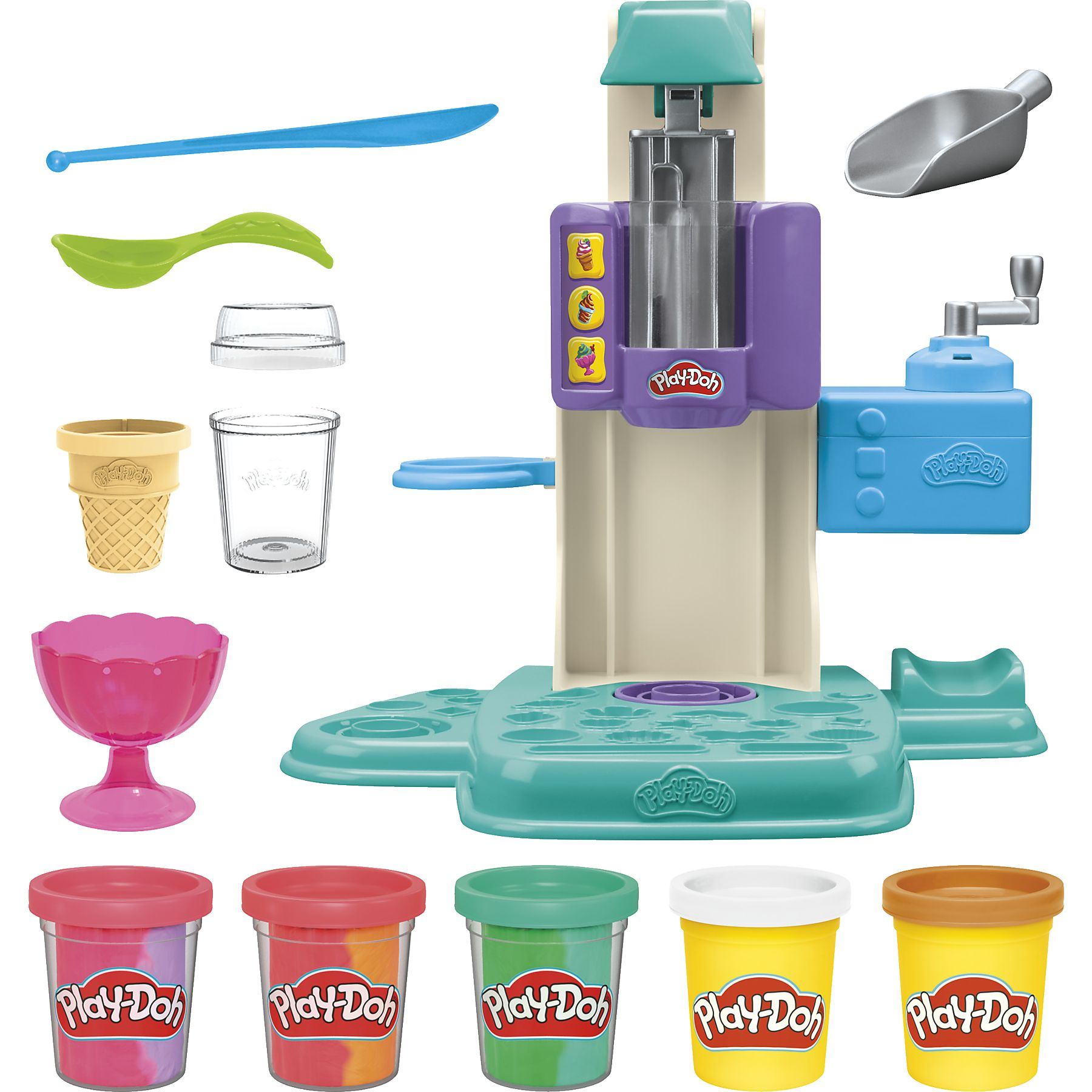 Macchina per gelato Play-Doh con accessori e contenitori Play-Doh colorati.