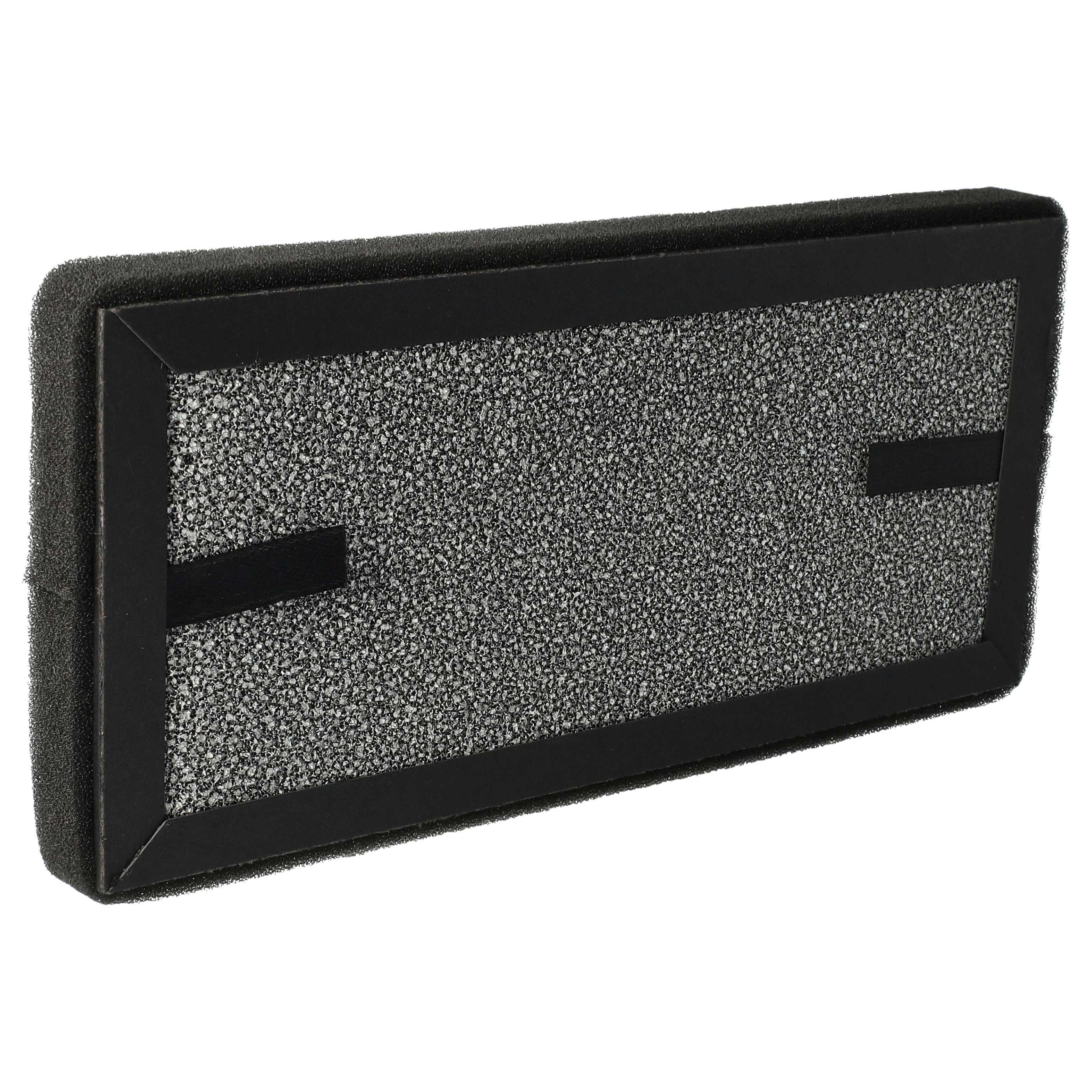 Ein schwarzer rechteckiger Luftfilter mit schwarzem Rahmen und grauem Filtermaterial. Weißer Hintergrund.