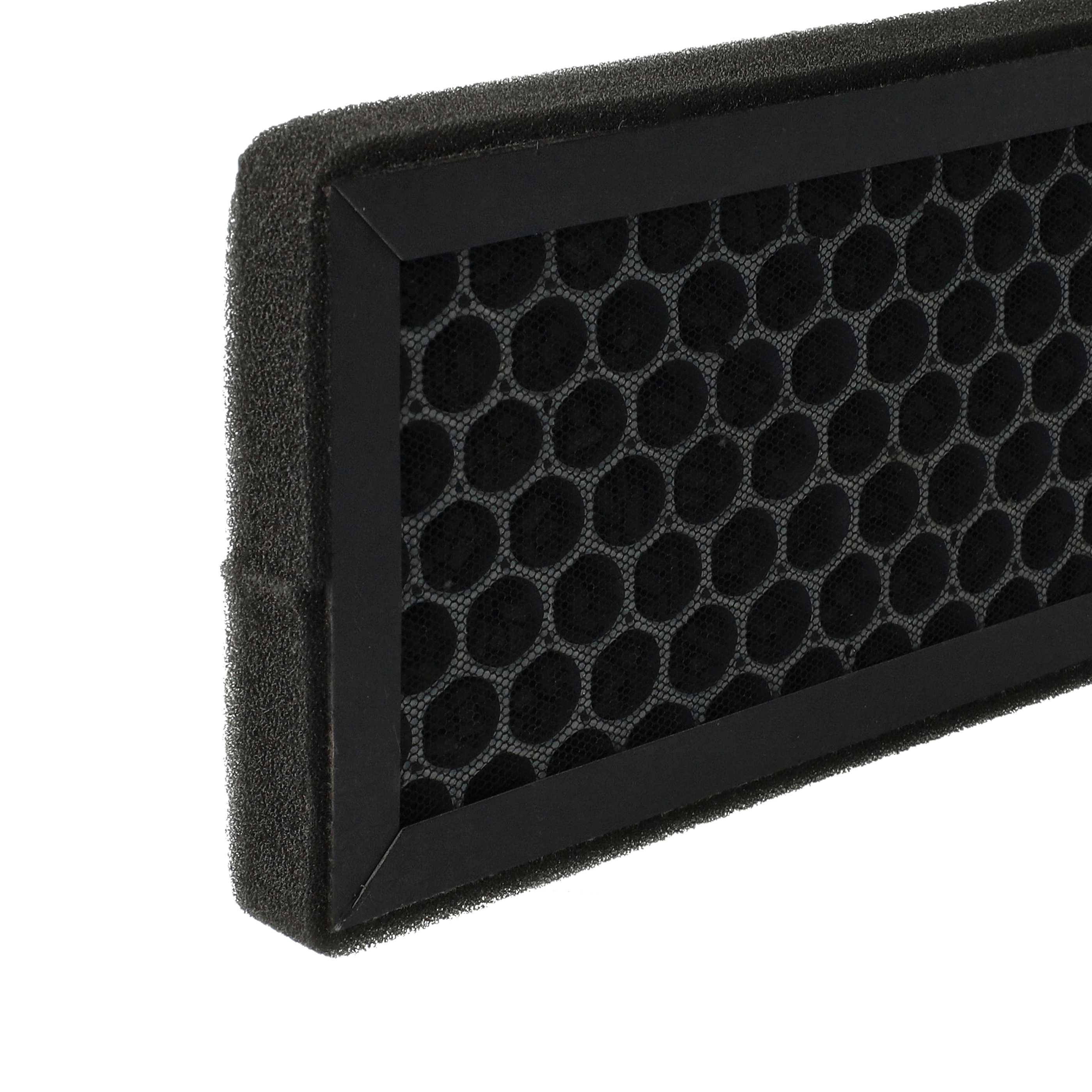 Ein schwarzer Luftfilter mit Wabenmuster in einem schwarzen Rahmen.