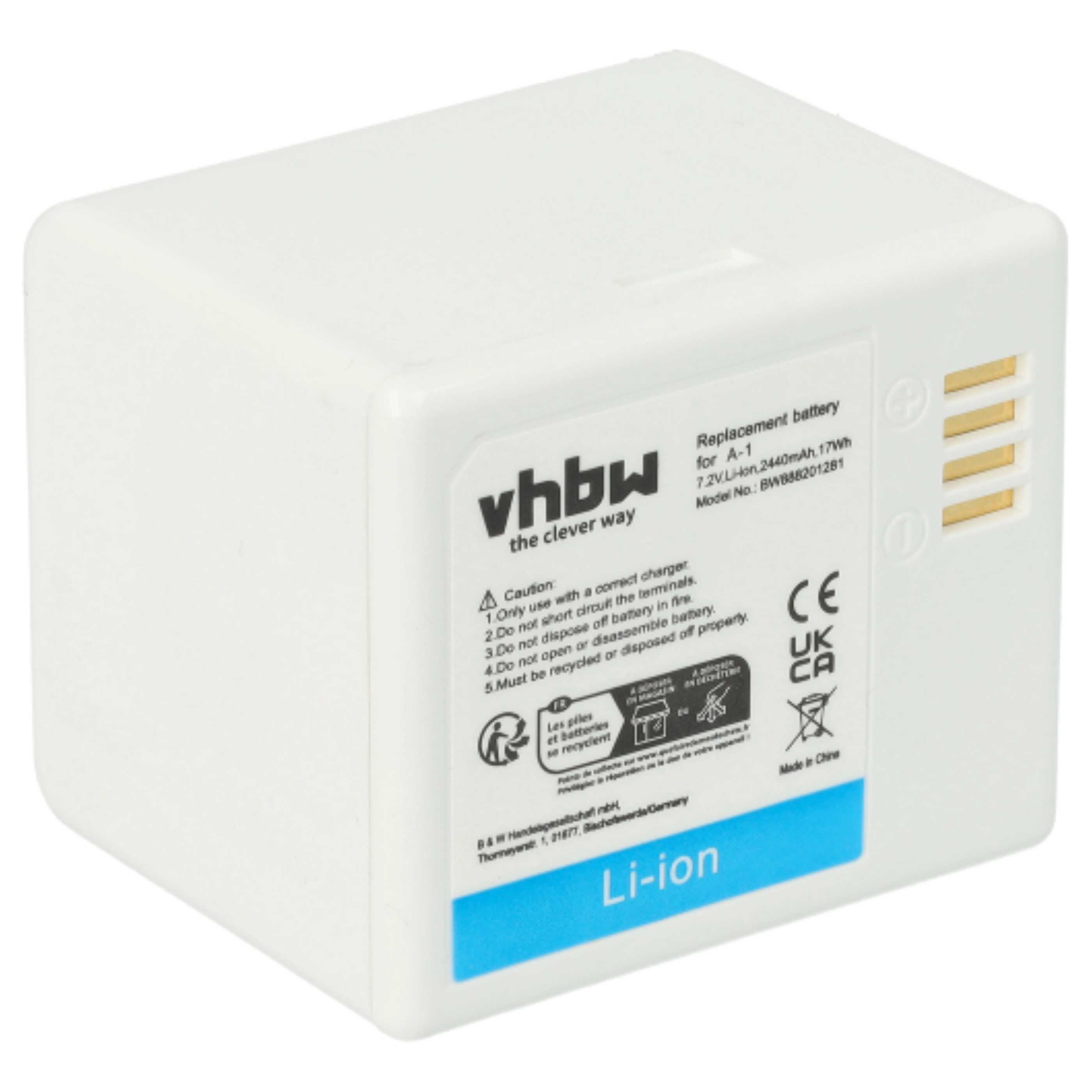 Weiße Batterie mit Text. Li-Ionen-Akku. Text, ein Vorsichtsetikett und Markenlogo auf der Seite.