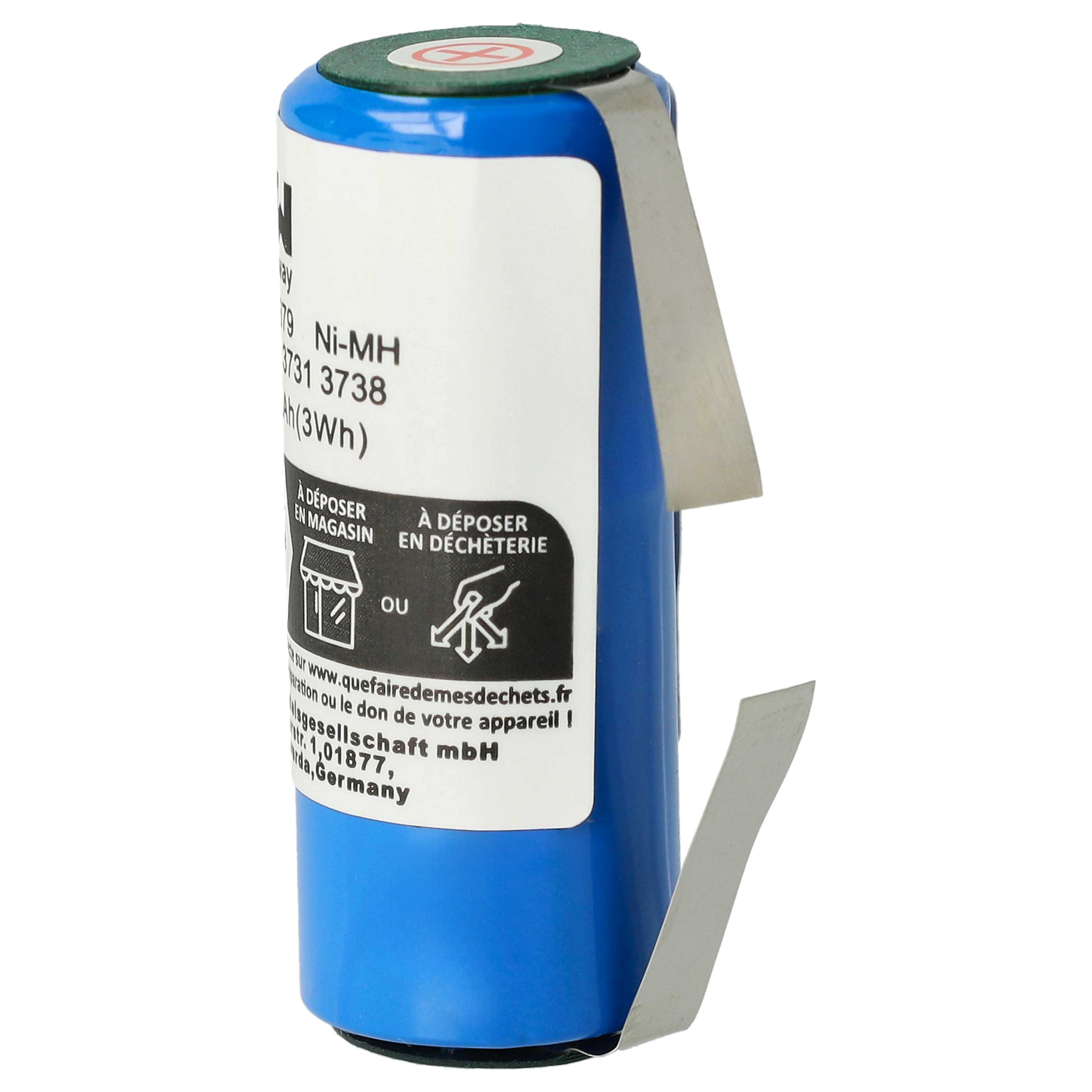 Eine blau-weiße zylindrische Batterie mit Etiketten.