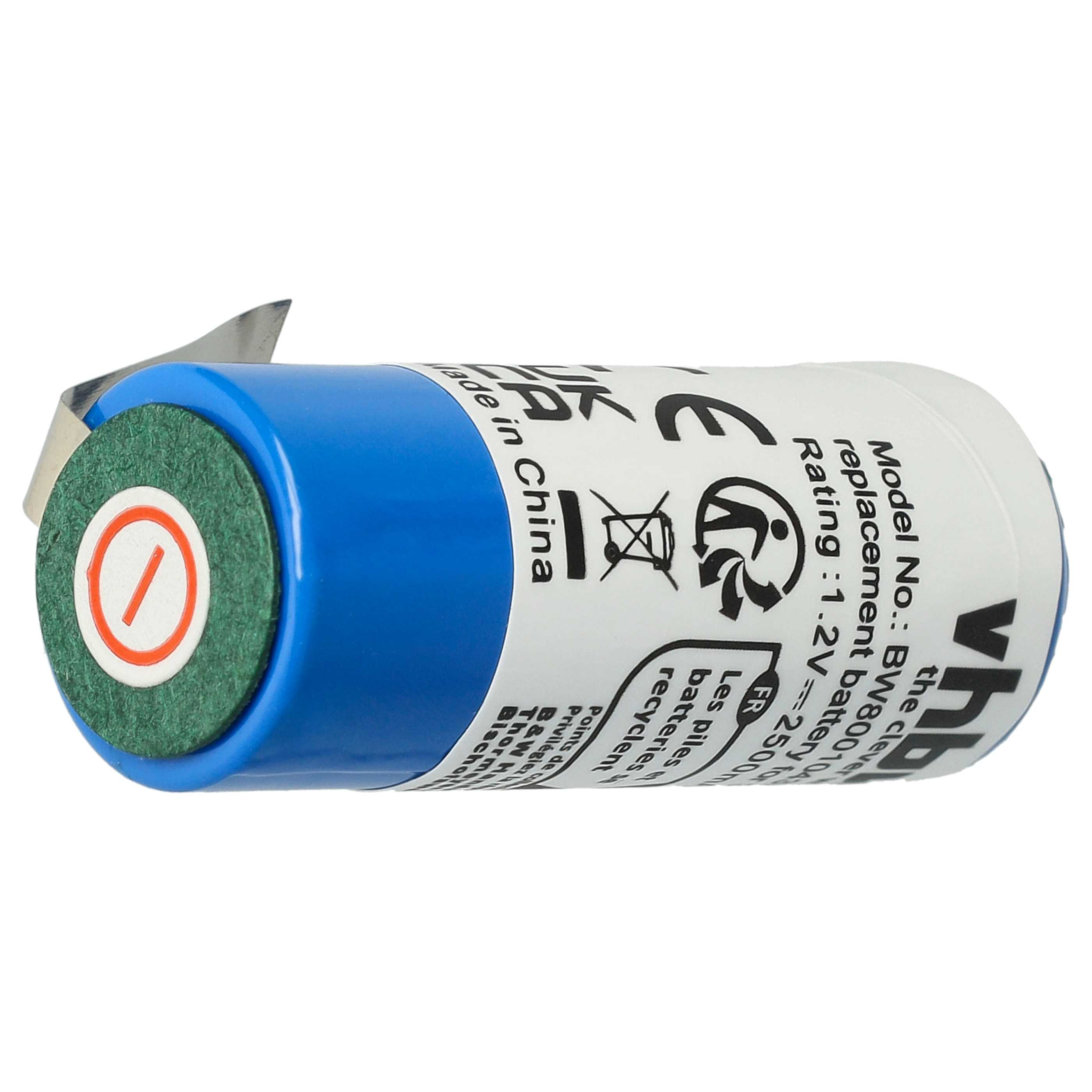Zylindrische Batterie in Weiß und Blau mit Text und Symbolen. Grüner Kreis mit rotem Kreuz. Weiß.