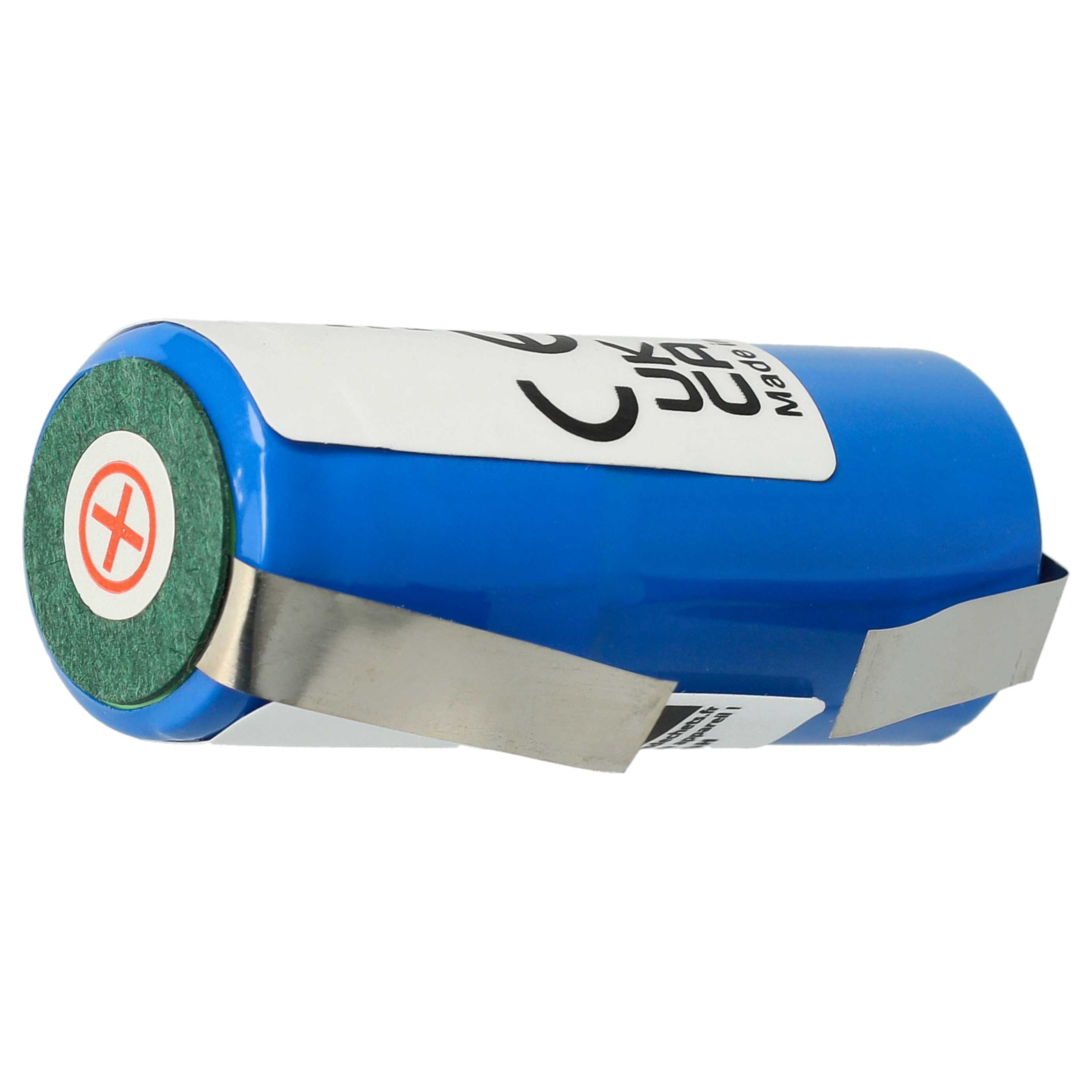 Blaue zylindrische Batterie mit weißem Etikett. Grüner Kreis mit einem Kreuzsymbol oben.