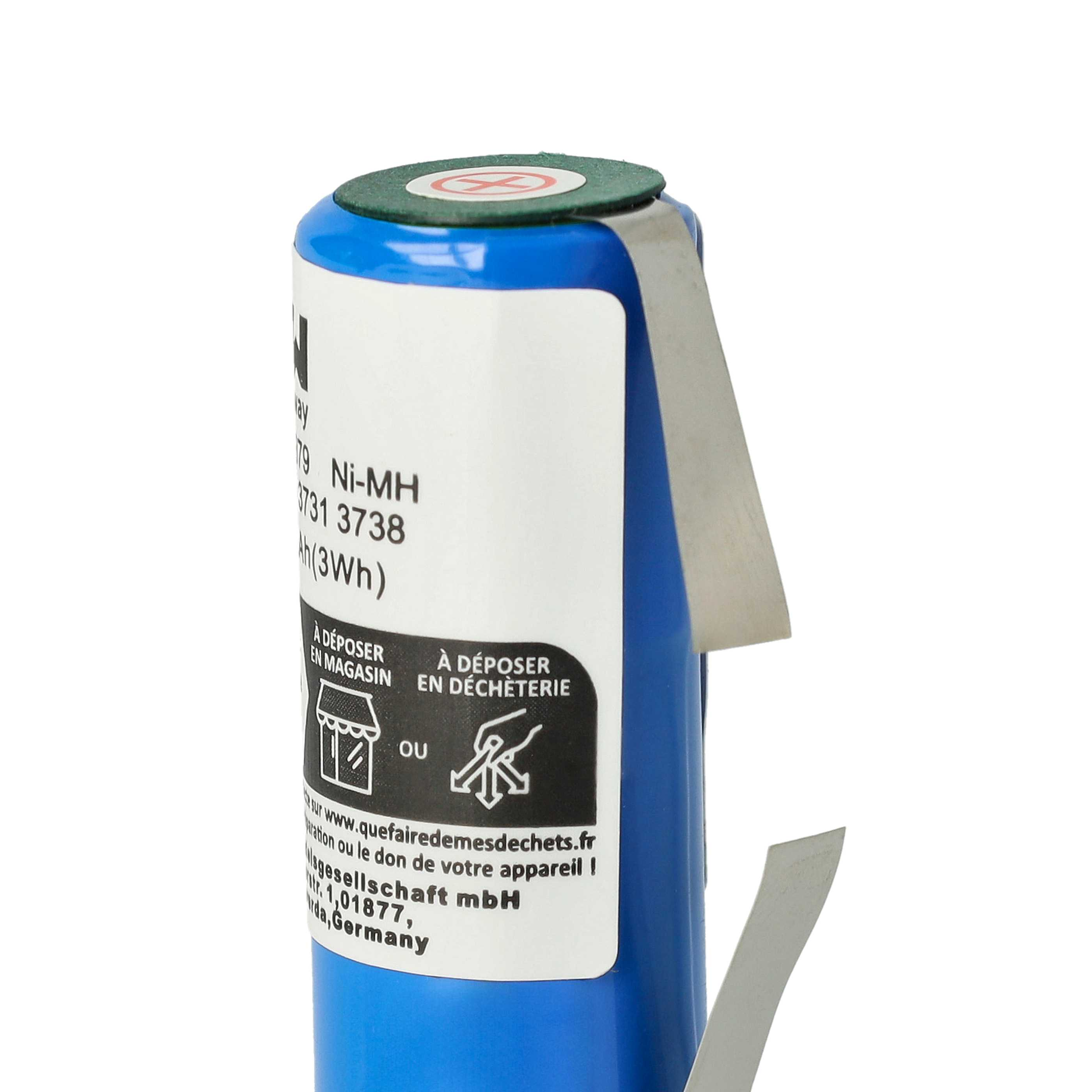 Eine blaue Batterie mit Textetiketten und einem grünen Siegel oben, isoliert auf weißem Hintergrund.
