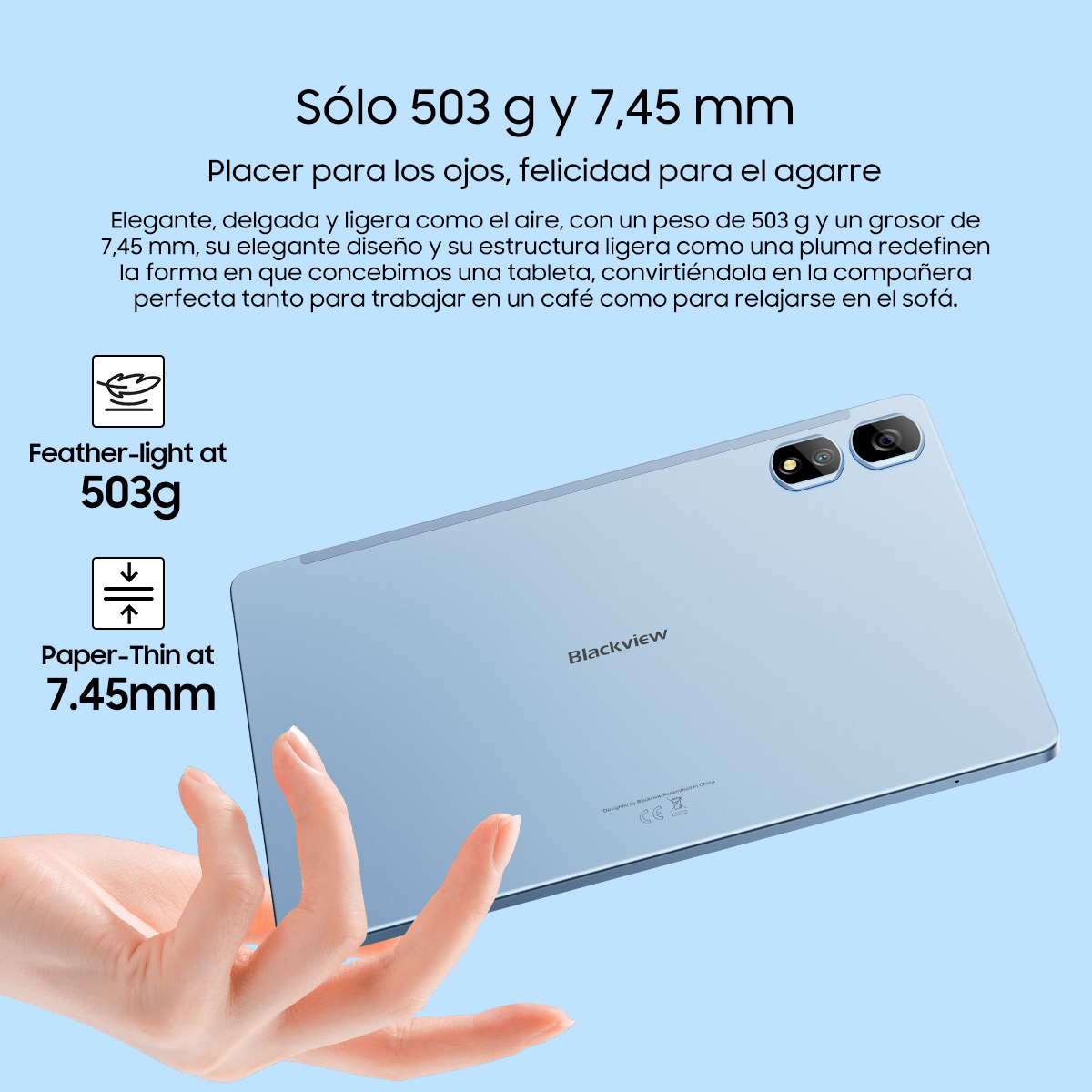 Una tableta azul claro con texto que detalla su peso y grosor, sostenida por una mano.