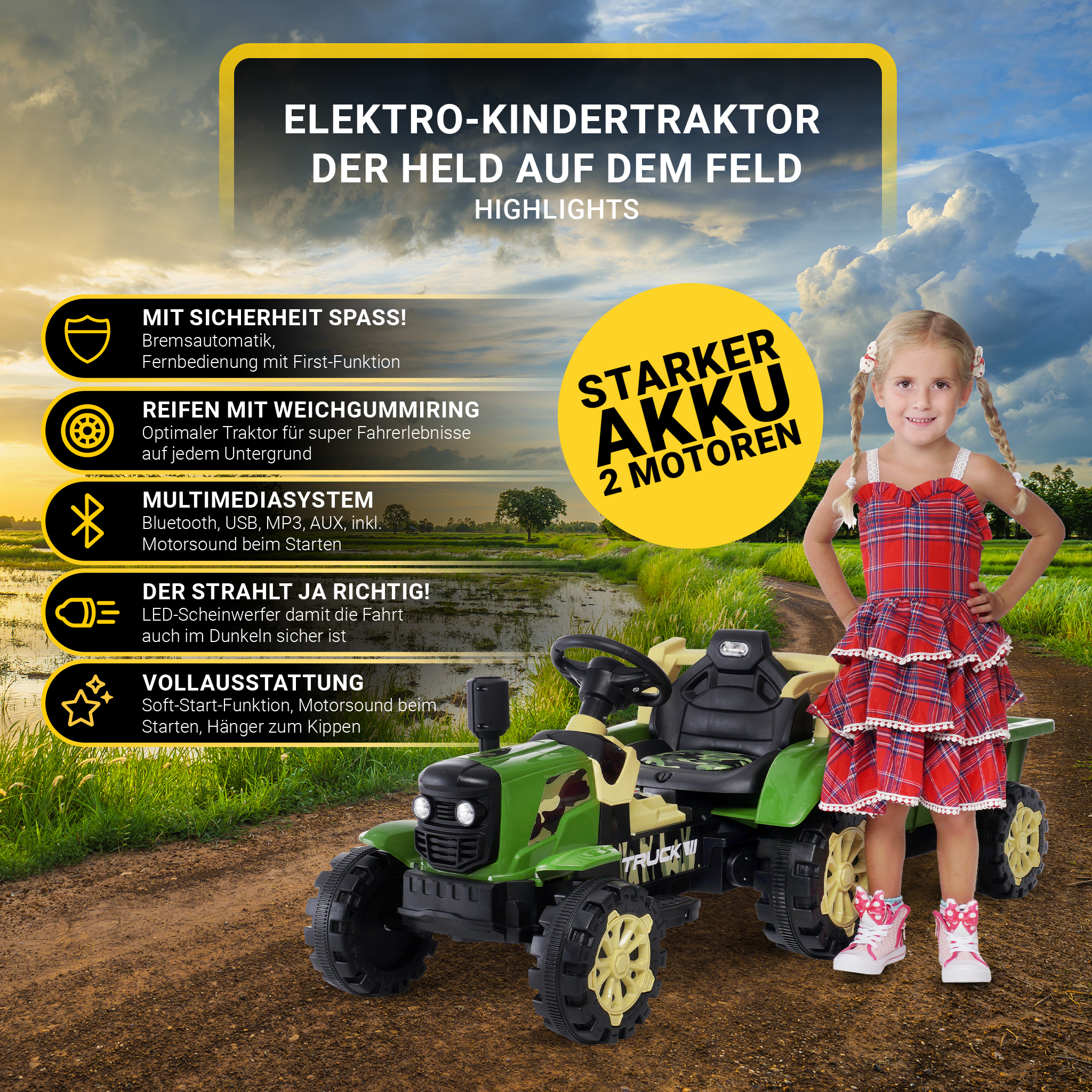 Ein Mädchen mit Zöpfen steht in der Nähe eines grünen Spielzeugtraktors. Text überlagert das Bild. Grünes Feld im Hintergrund.