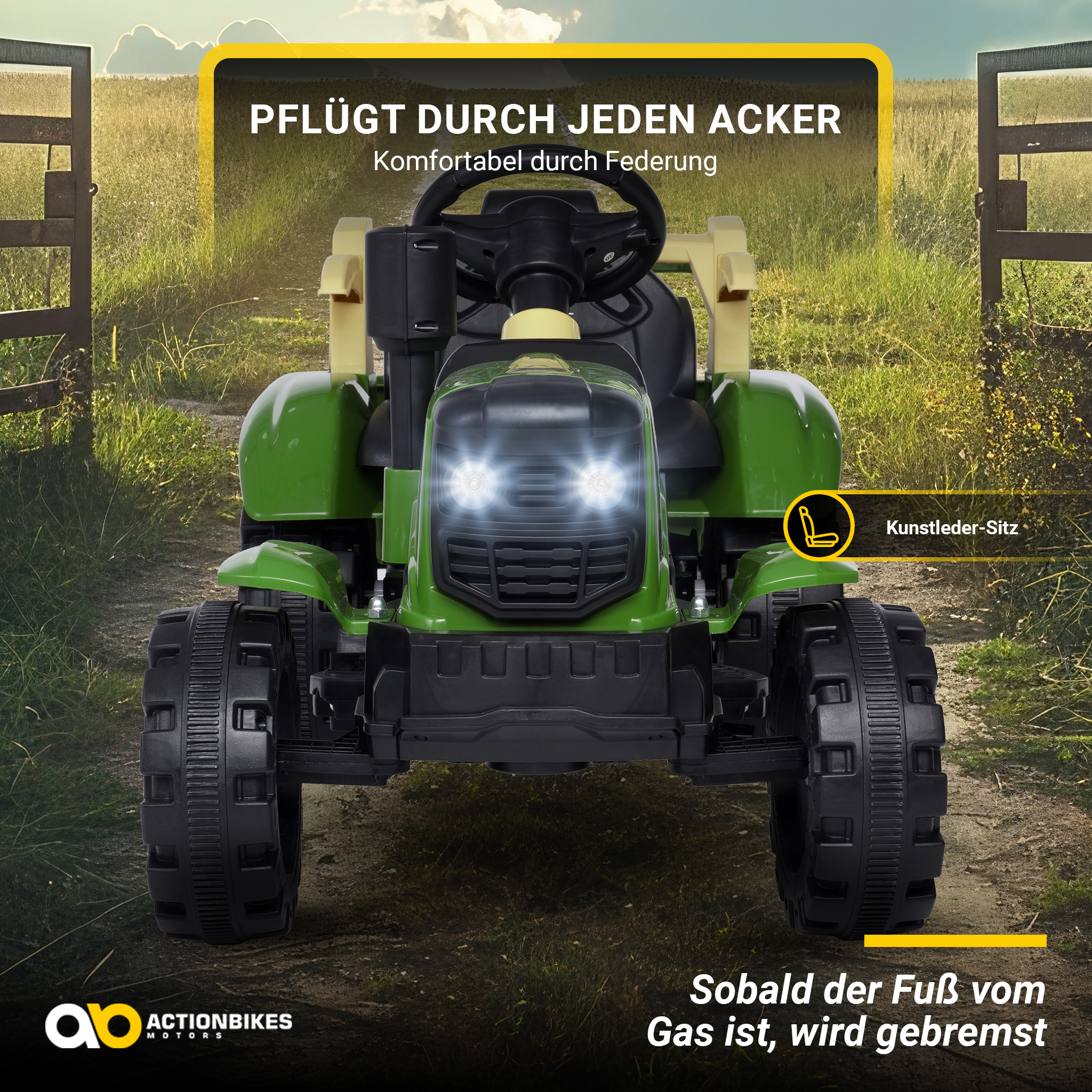 Ein grüner Spielzeugtraktor auf einem Feld mit Text über Komfort und Ledersitz.