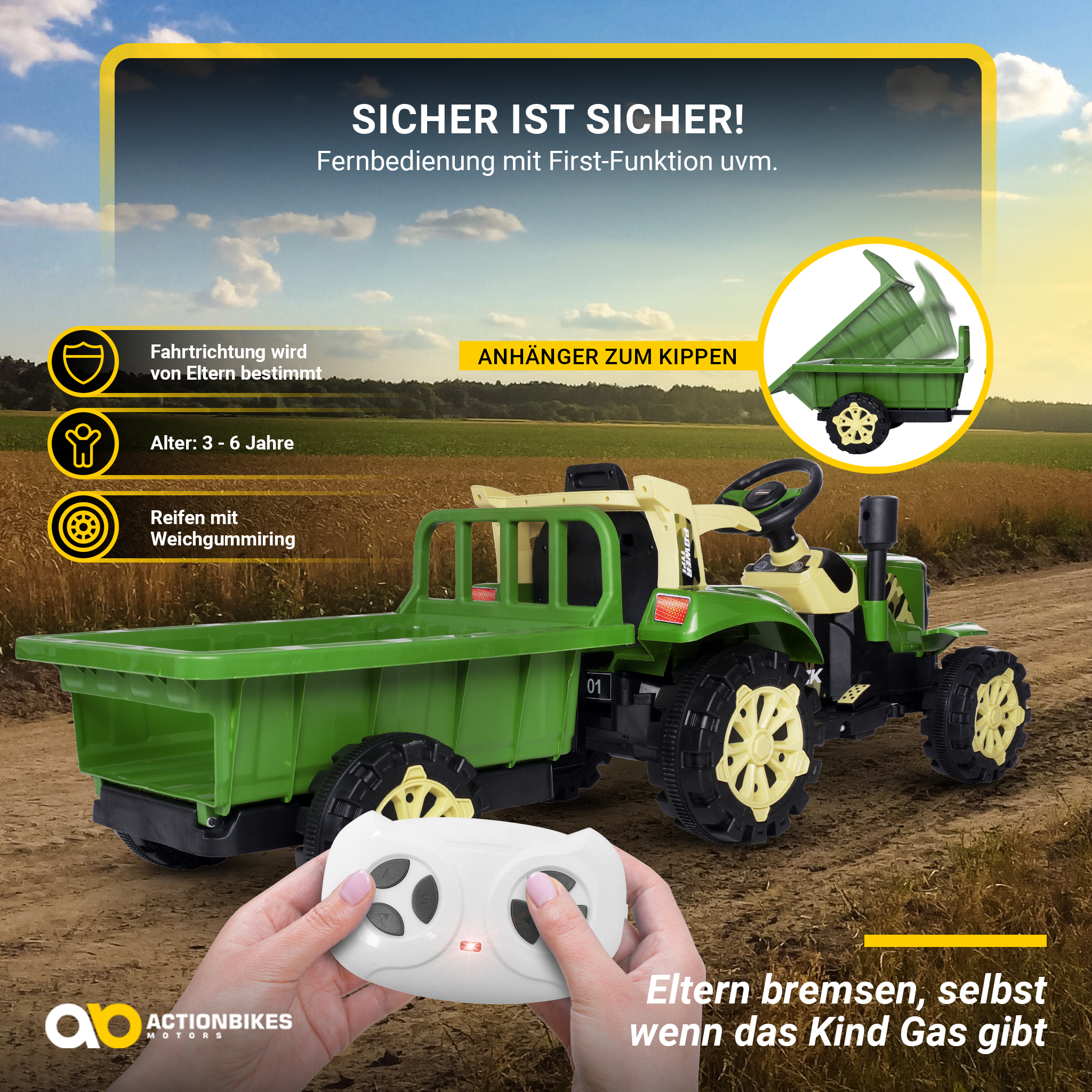 Grüner Spielzeugtraktor mit Anhänger, Fernbedienung in den Händen. Hintergrund zeigt ein Feld.