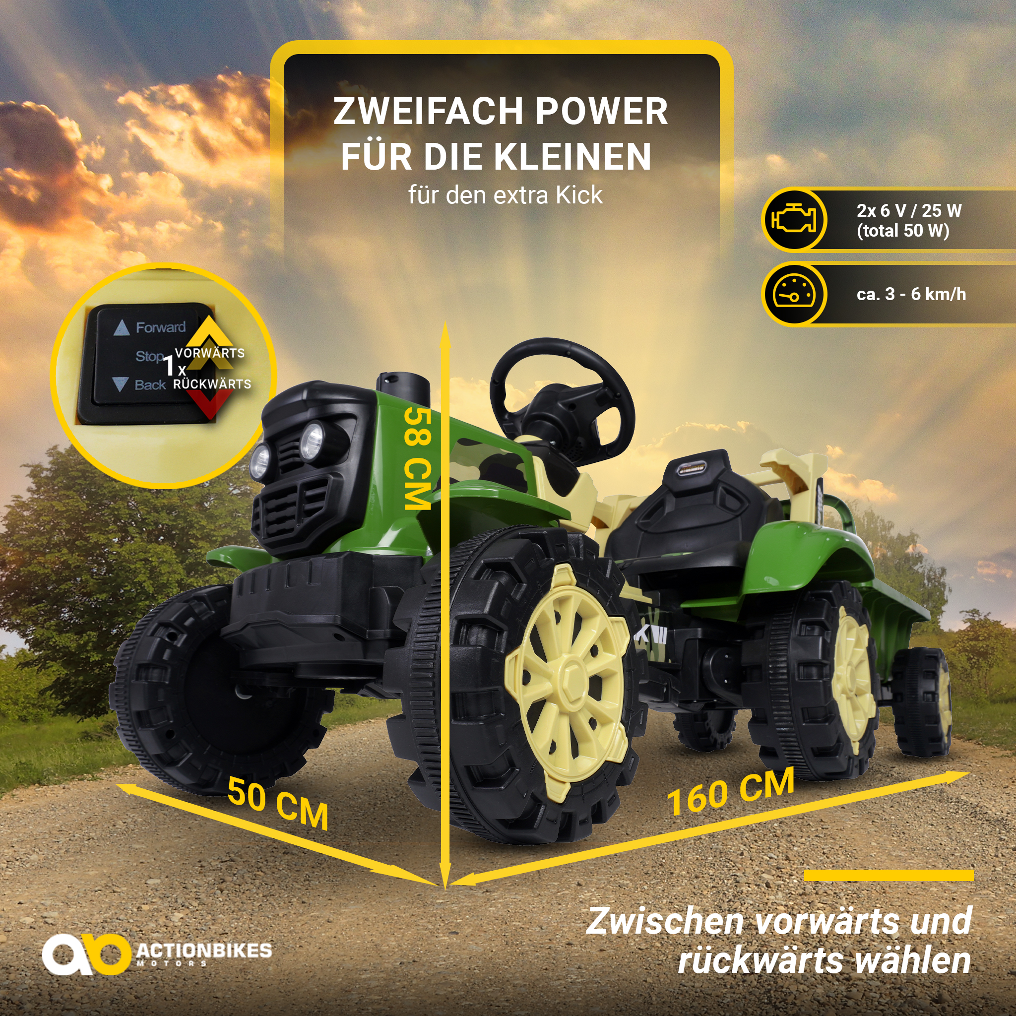 Grüner und gelber Spielzeugtraktor mit Anhänger. Abmessungen in cm sind angegeben.