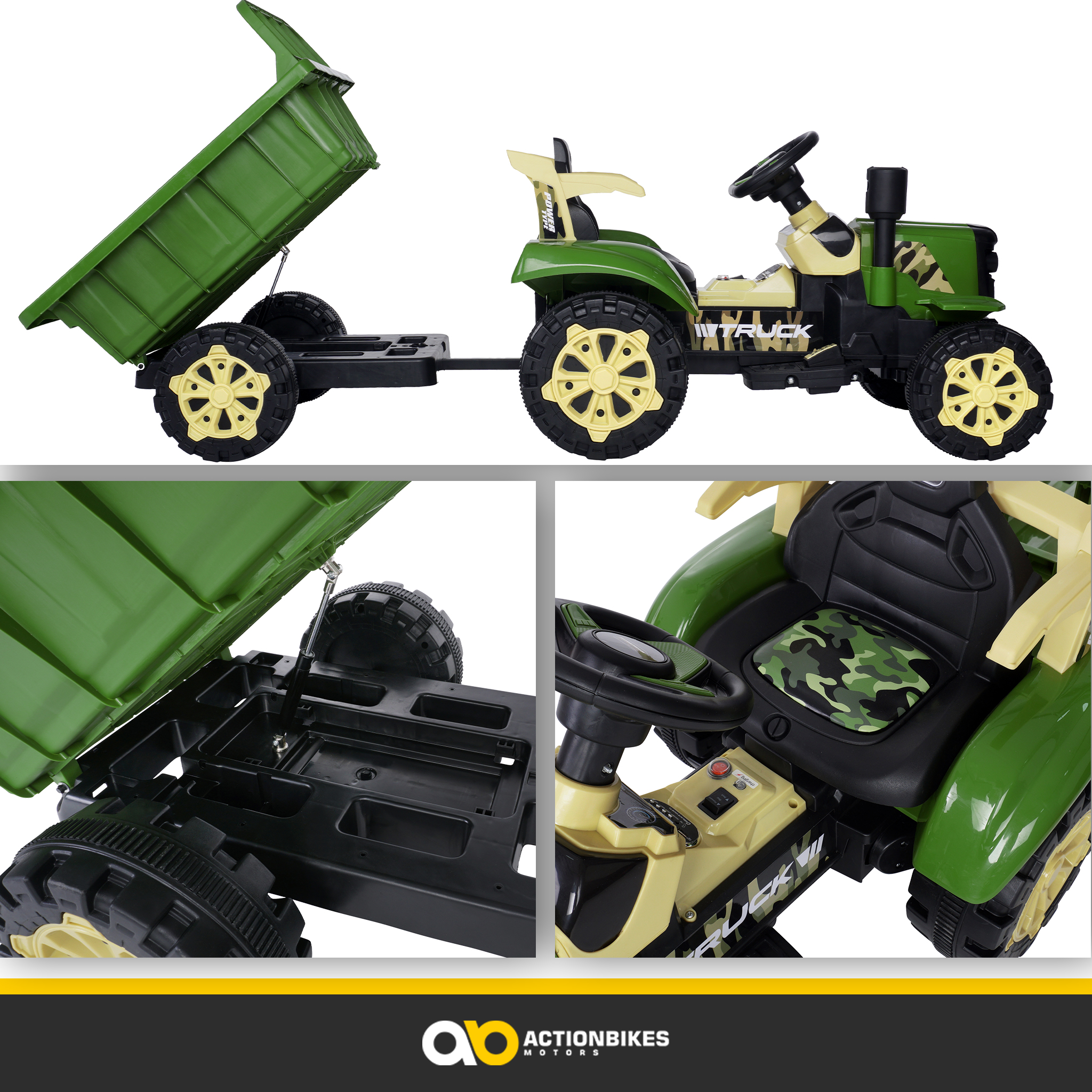 Grüner und beiger Spielzeugtraktor mit Anhänger. Detaillierte Ansichten des Traktors sind sichtbar.