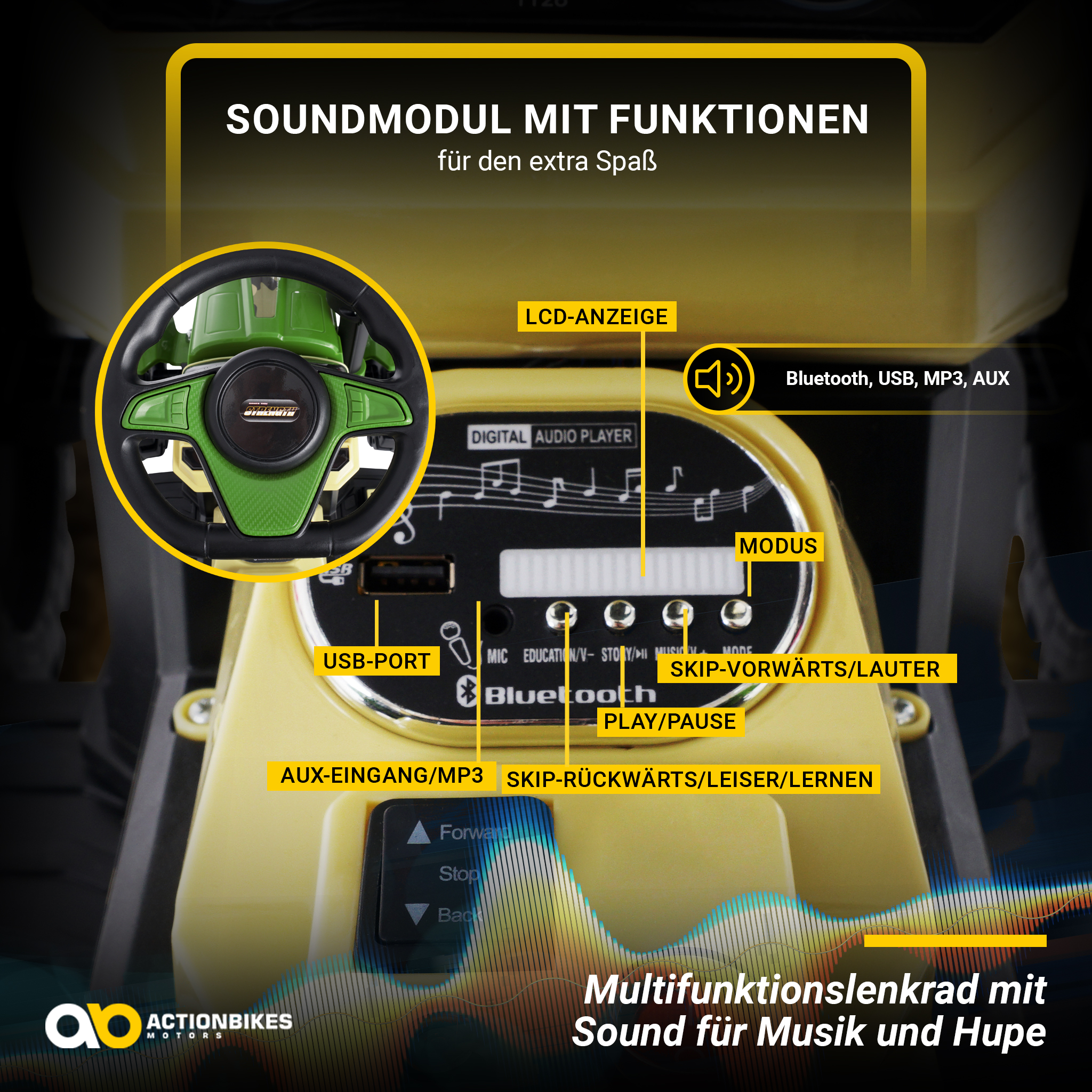 Gelbes Spielzeugauto-Armaturenbrett mit Knöpfen, Lenkrad und digitalem Audioplayer.