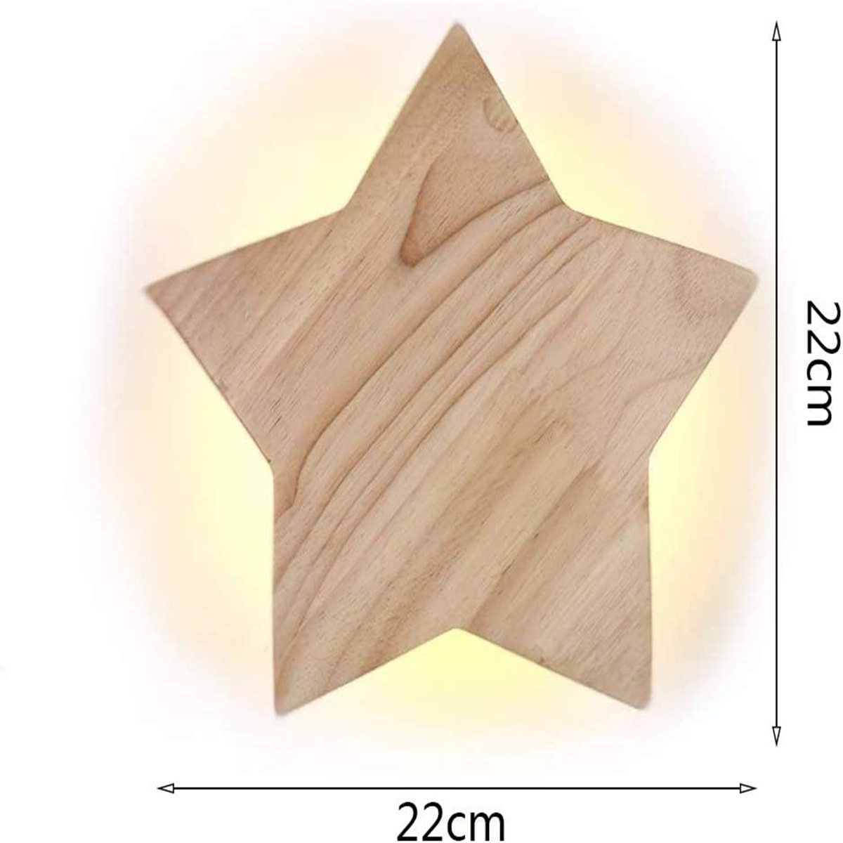 Holzförmige sternförmige Leuchte. Der Stern ist hell und hat beschriftete Abmessungen.