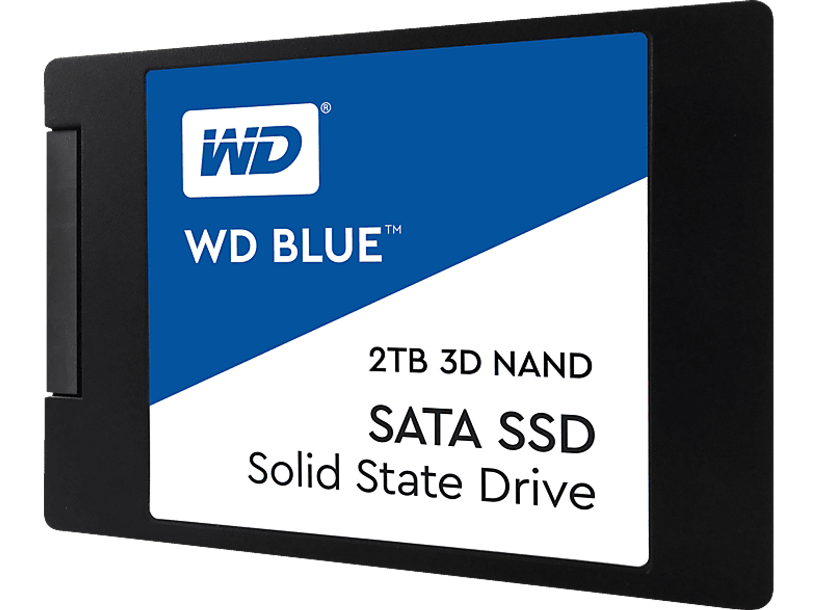 WD Blue SSD SATA da 2 TB. Etichetta nera e blu con testo. Unità a stato solido.