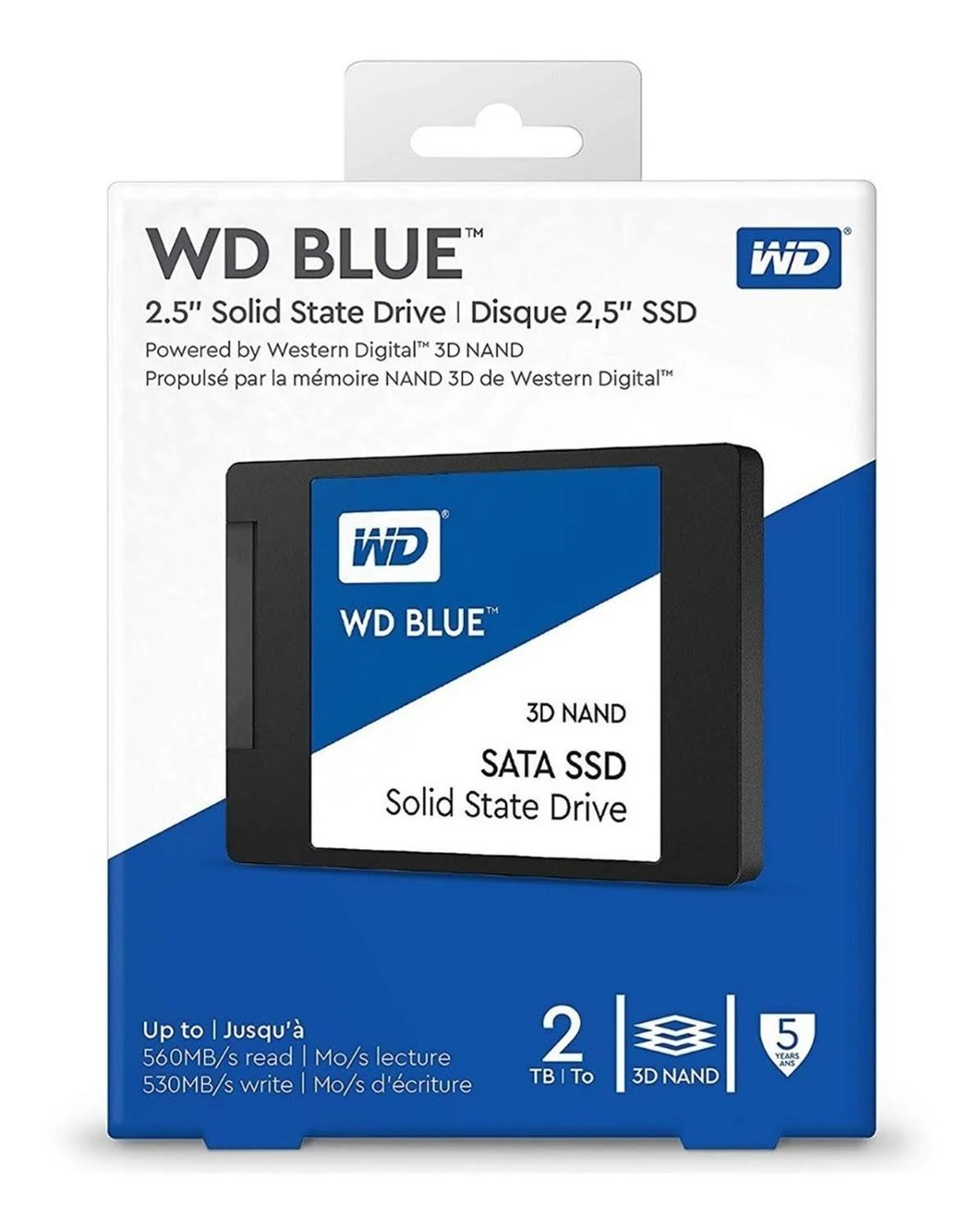 Scatola SSD WD BLUE 2.5. L'unità è all'interno della scatola con il logo WD blue. Testo sulla scatola.