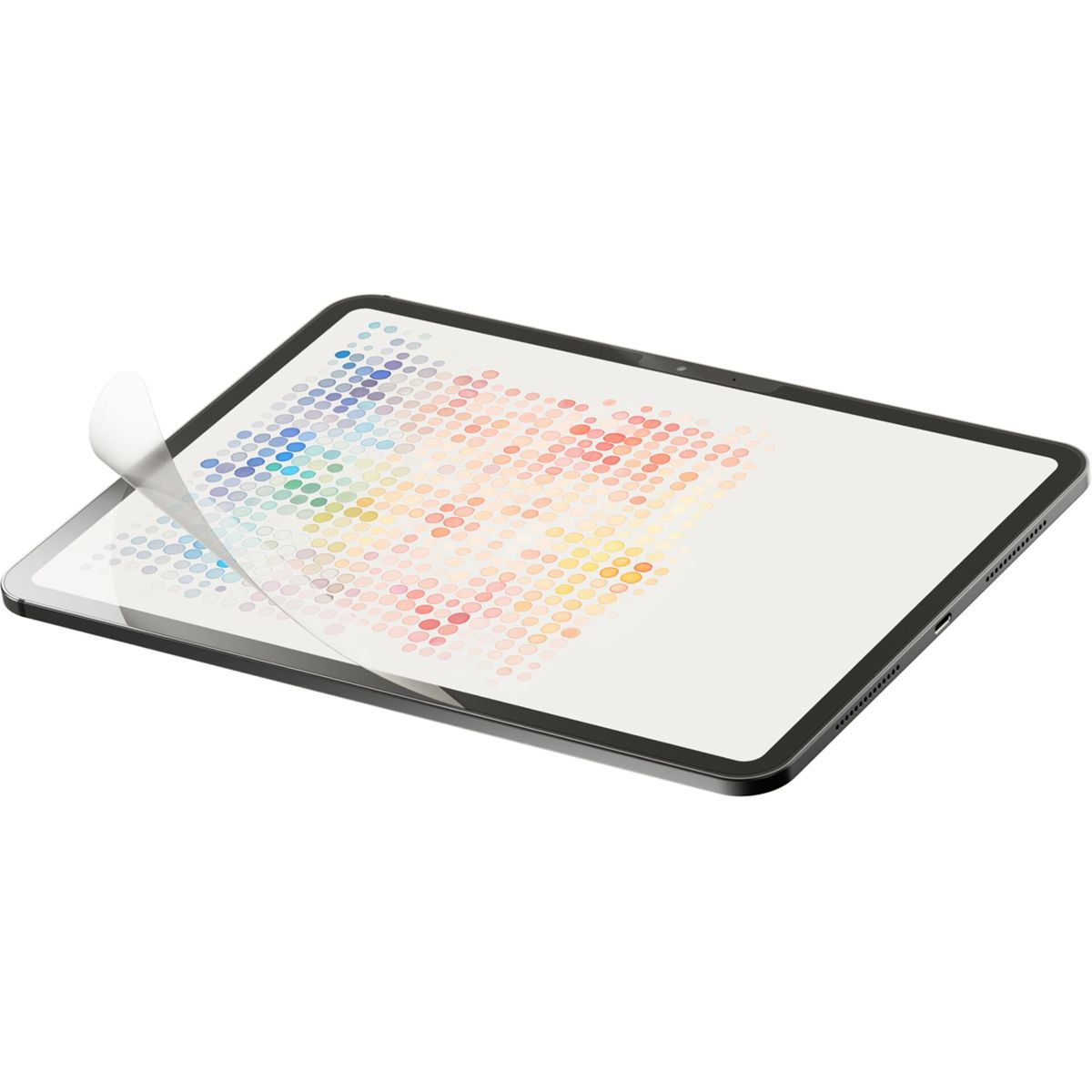 Pellicola protettiva per schermo del tablet che viene staccata. Mostra un motivo a punti colorati su sfondo bianco.