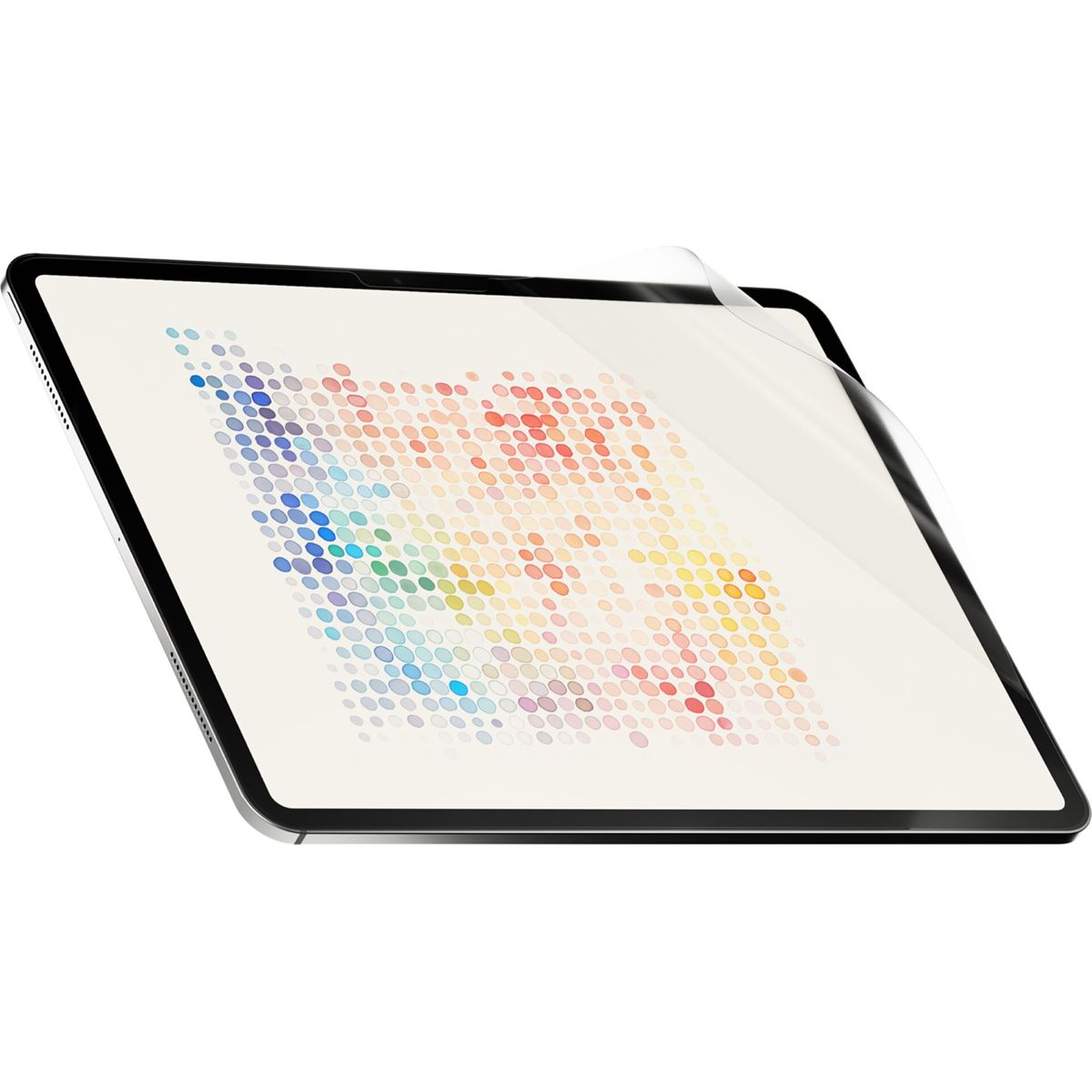 Tablet mit aufgebrachter Displayschutzfolie. Bunte Punkte auf dem Bildschirm sichtbar.