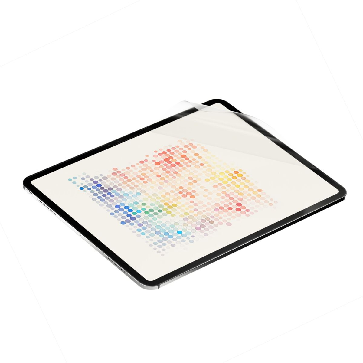 Ein Tablet mit Displayschutzfolie, das ein farbenfrohes Muster aus Kreisen zeigt.