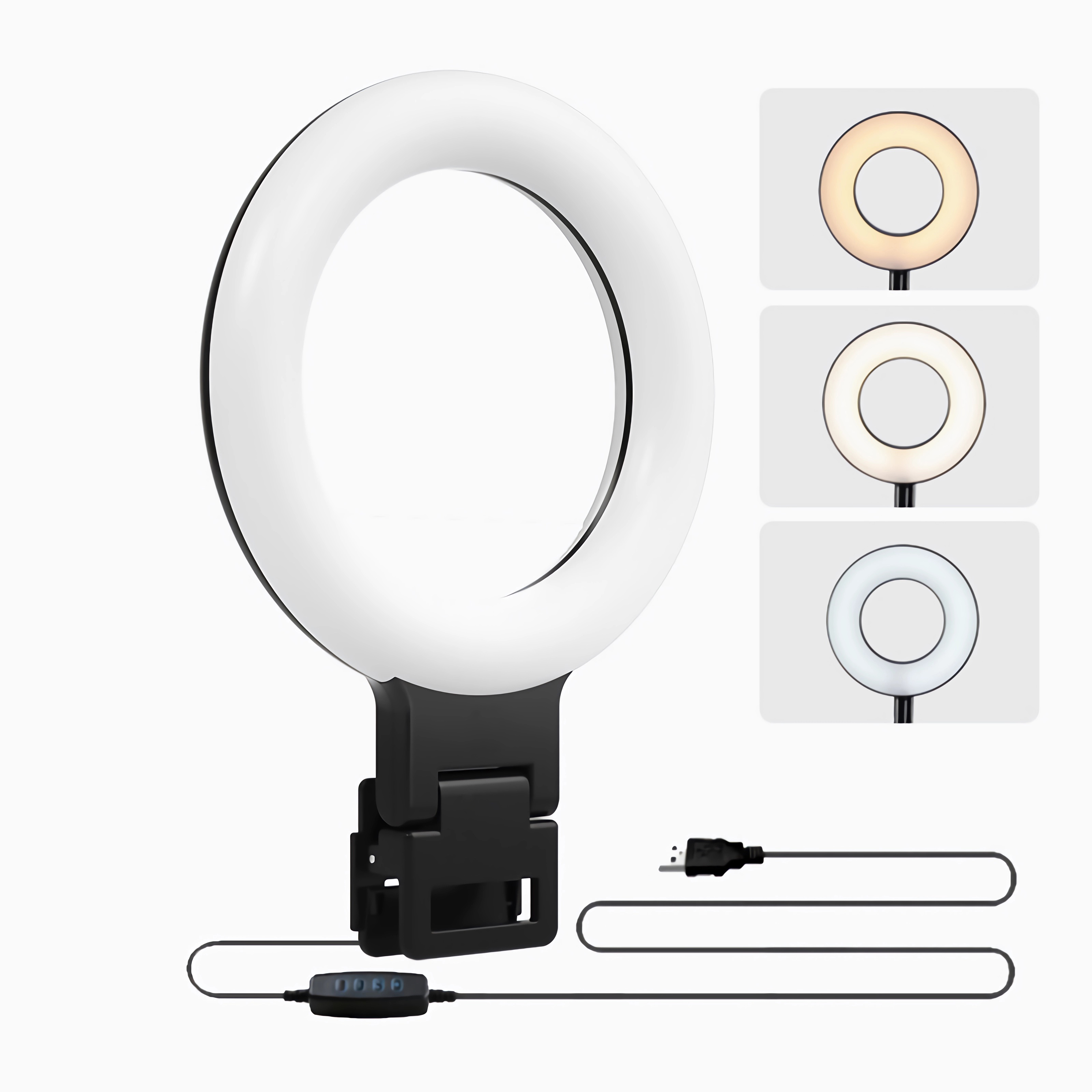 Ein Ringlicht mit Klammer und USB-Kabel. Drei kleine Lichter sind rechts.